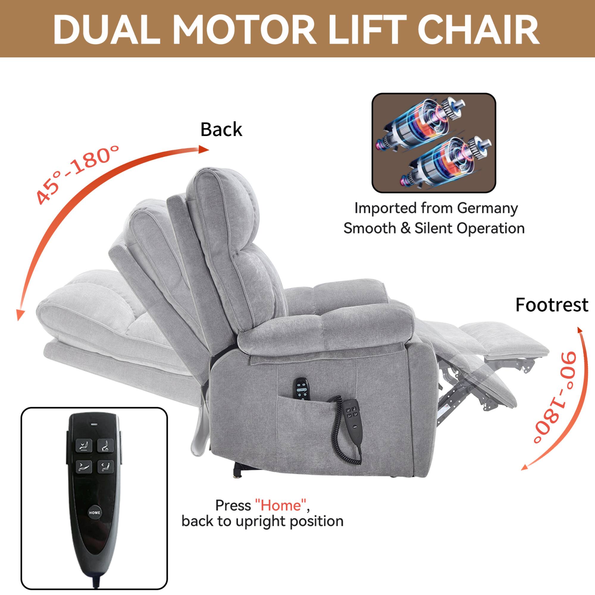 DUAL MOTOR LIFT CHAIR

45°-180° Back

Imported from Germany
Smooth & Silent Operation

Footrest 90°-180°

Press "Home", back to upright position