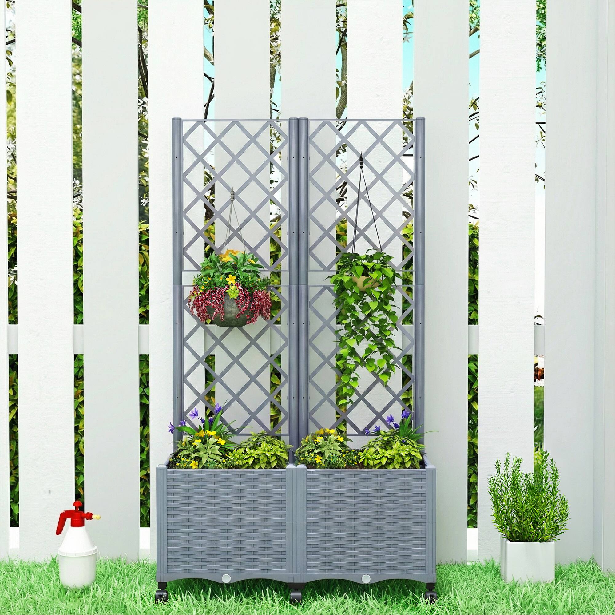 Alt View 7. Outsunny - Planter Box with Trellis, Self Watering Raised Garden Bed with Lockable Wheels, 56.3" Trellis Privacy Planter.