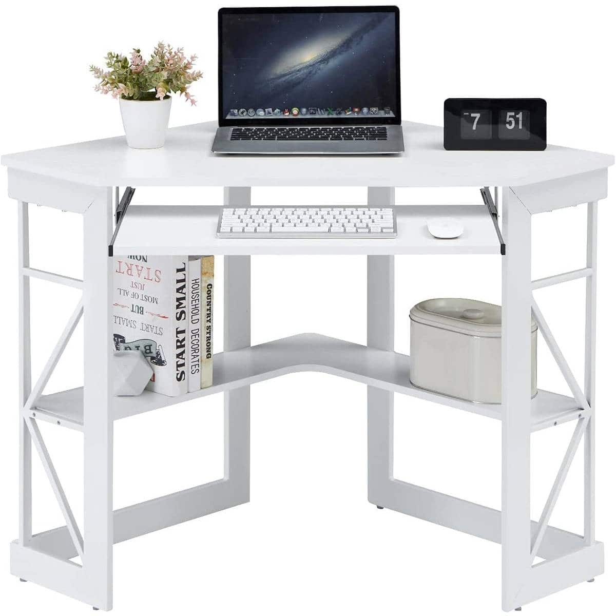SlickBlue - Compact Corner Computer Desk with Shelf Storage and Keyboard Tray - White
