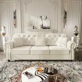 Anysun - 82.6" Velvet Chesterfield Sofa w/ Nailhead Trim, Rolled Armrests, Button Tufted, 3 Pillows, Mid-Century - White