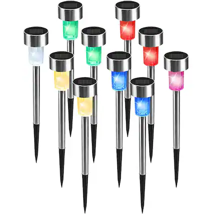 Front. Oumilen - 10 Pack Stainless Steel Solar Pathway Lights – Color Changing RGB Solar Stake Lights for Garden Lawn.