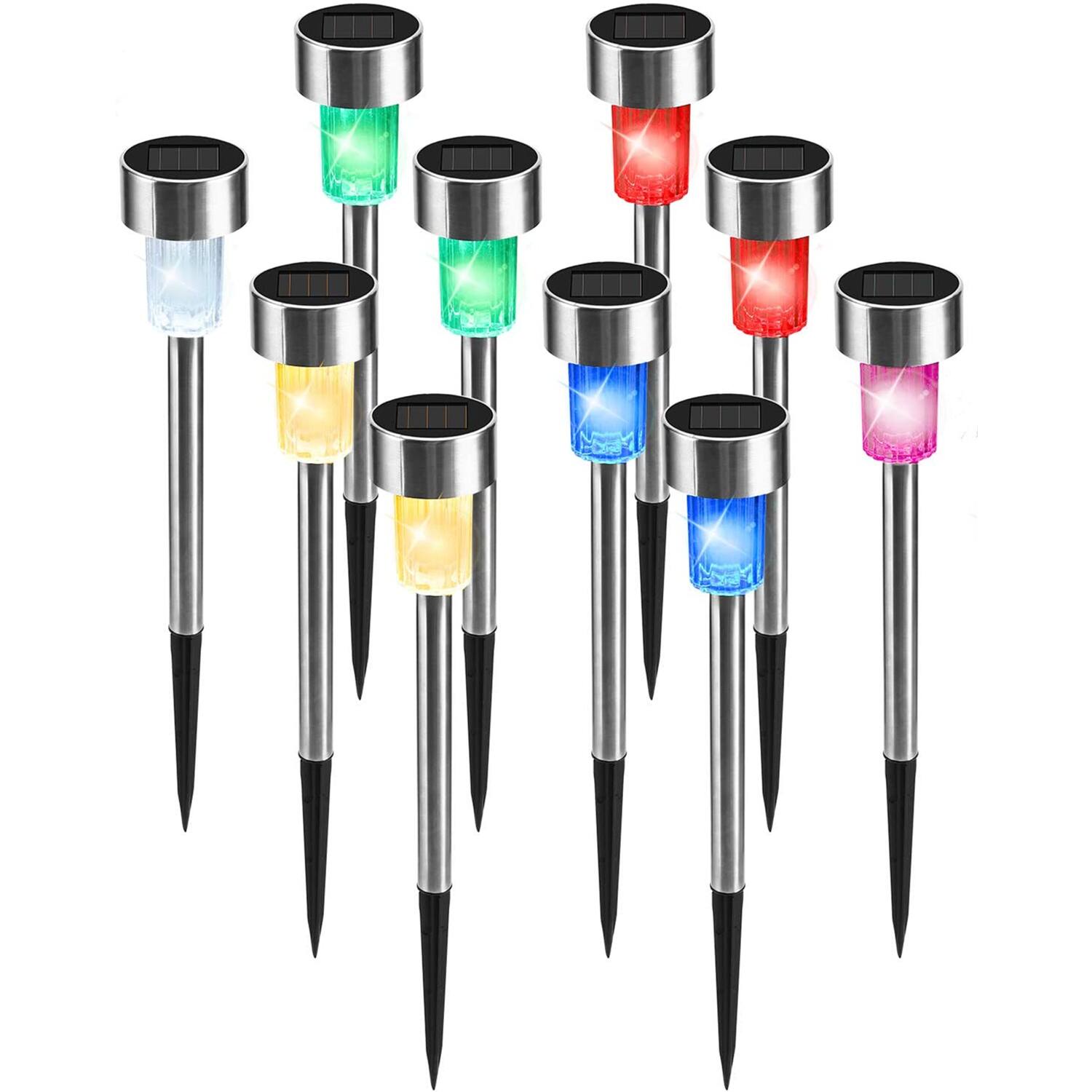 Oumilen - 10 Pack Stainless Steel Solar Pathway Lights – Color Changing RGB Solar Stake Lights for Garden Lawn