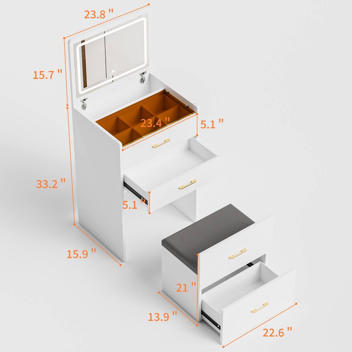 23.8"  
15.7"  
23.4"  
5.1"  
33.2"  
5.1"  
15.9"  
21"  
13.9"  
22.6"