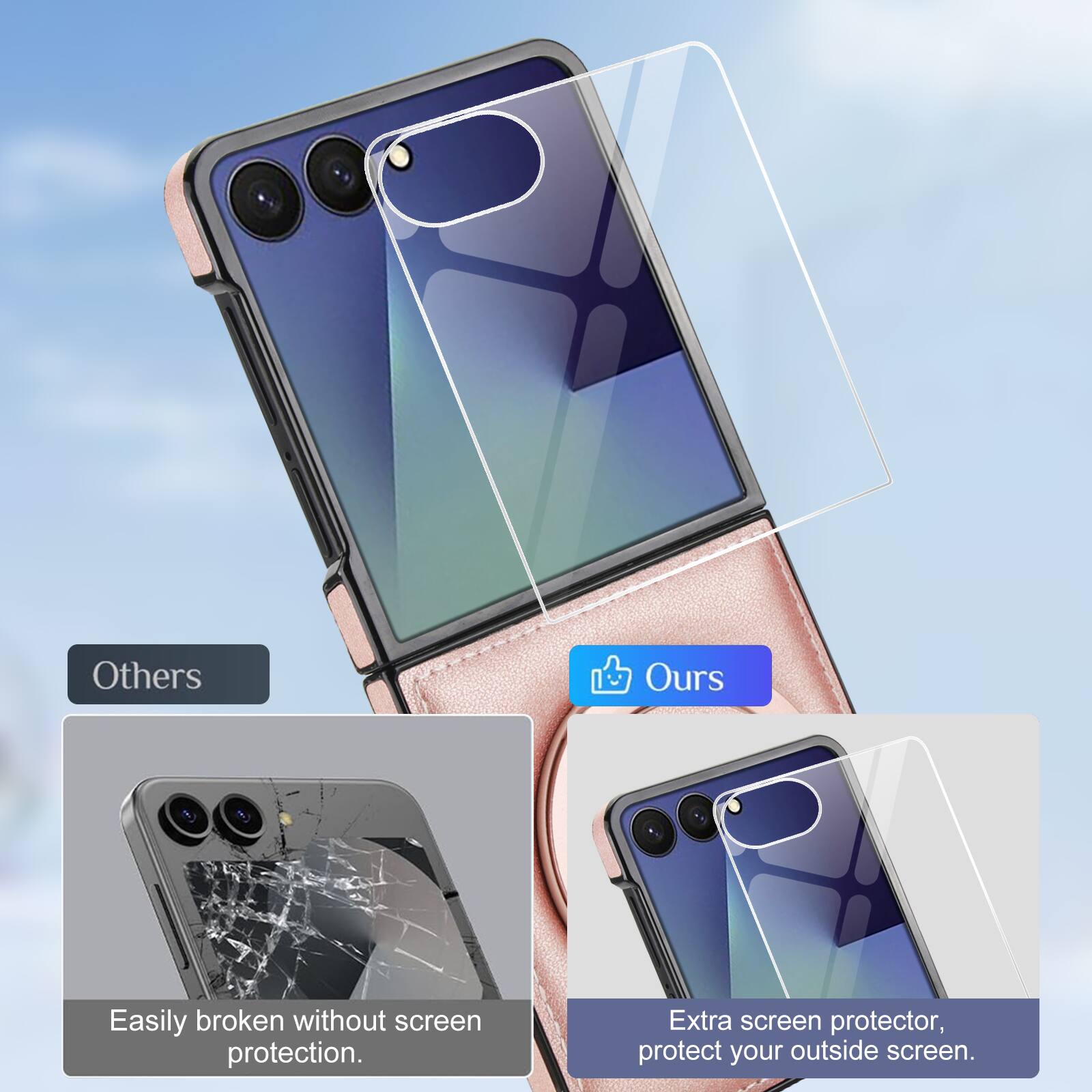 Others: Easily broken without screen protection.

Ours: Extra screen protector, protect your outside screen.
