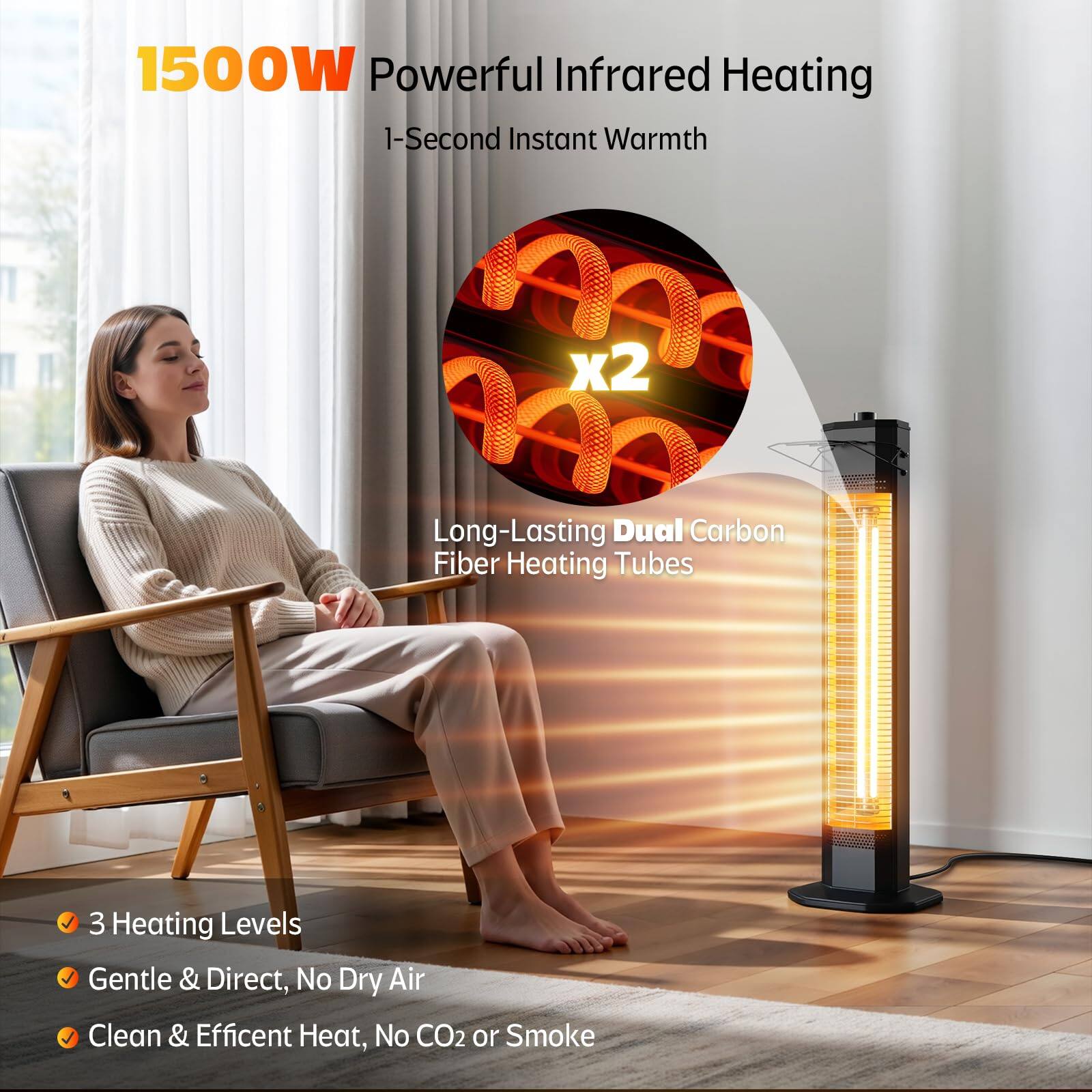 1500W Powerful Infrared Heating  
1-Second Instant Warmth  
x2  
AAO Long-Lasting Dual Carbon Fiber Heating Tubes  
3 Heating Levels  
Gentle & Direct, No Dry Air  
Clean & Efficient Heat, No CO2 or Smoke