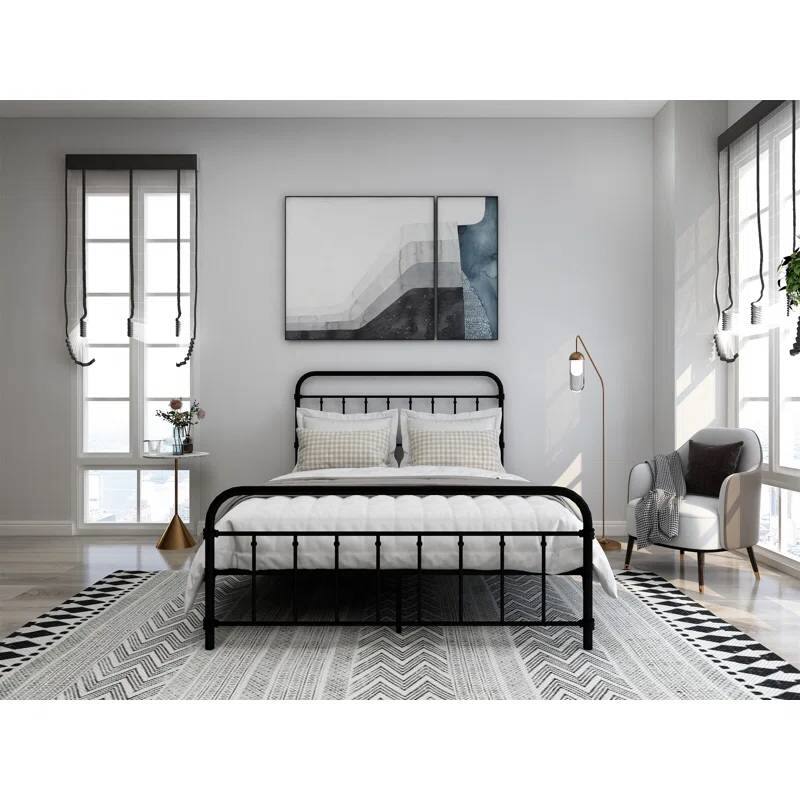 Angle. Hivvago - Full size Farmhouse Black Metal Bed Frame with Rounded Headboard Footboard - Black.