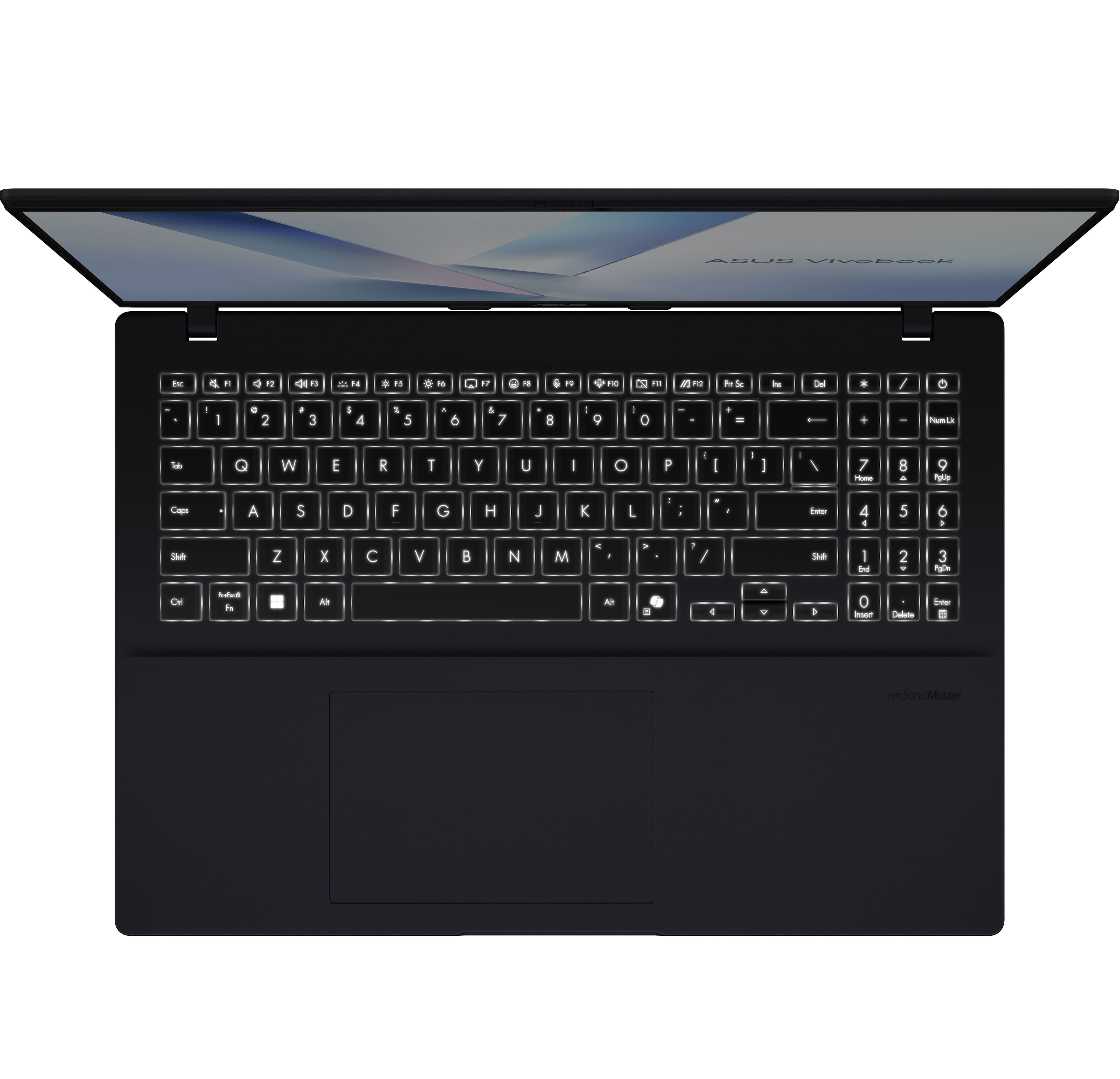 The text on the image reads "ABUE Vivebuch Eo 6 . ' de de a d O- do 1F . 0-10 O do a - & - Del . / - - . 2 - 3 I 4 S 5 + 6 4 7 8 - 9 - O - i + - Pumlk Se Q W E R T Y U I O P I - I - 7 - 8 - 9 -g Copn A S D F G H J K L - - -m 4 . 5 6 . 3M Z x C V B N M - - . - / Sue I - 2 - 3 CM Sduo i - - 4 a - 1 0 Te Enter SonicMaster."