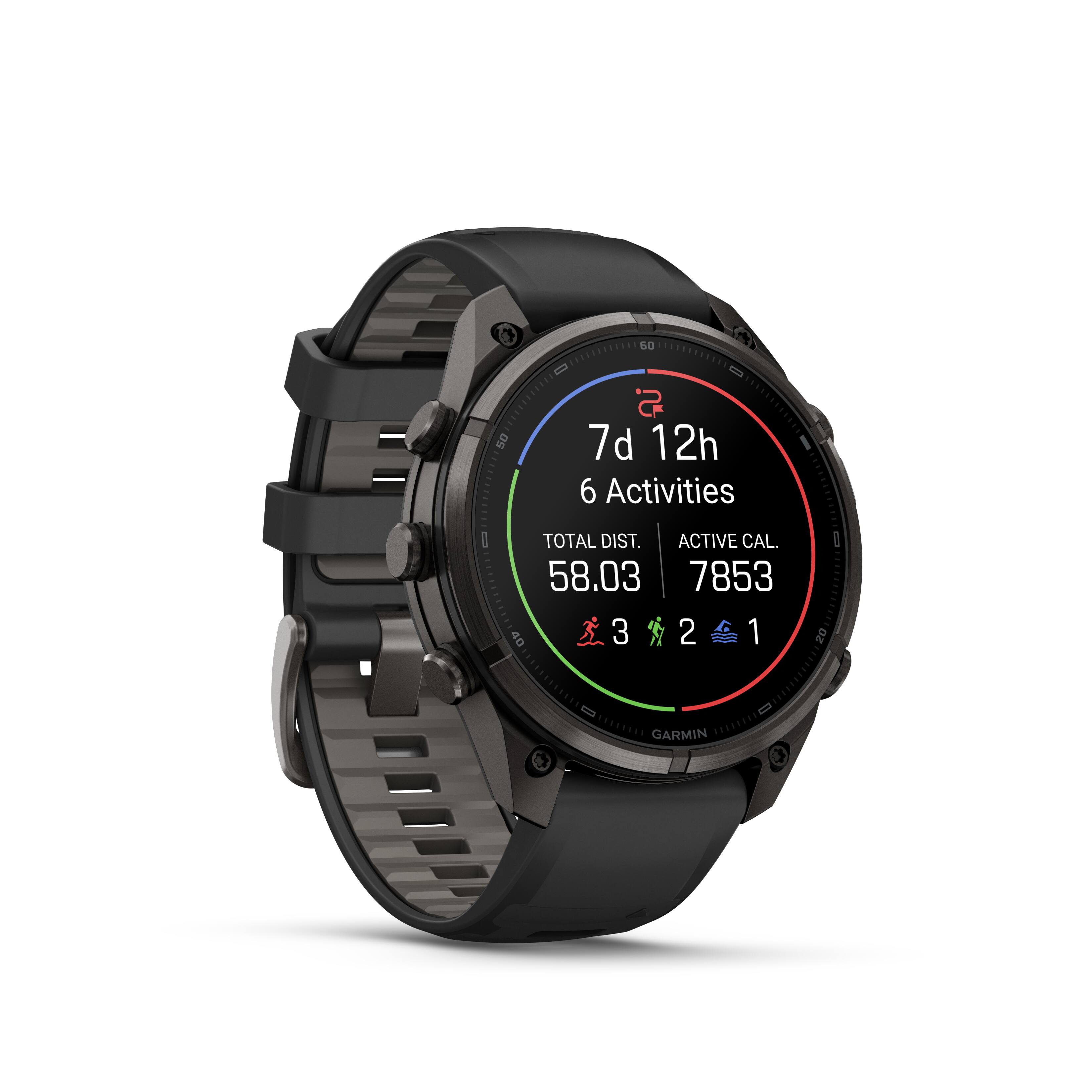 60  
50  
2 7d 12h 6 Activities  
TOTAL DIST. ACTIVE CAL. 58.03 7853 40 3 2 1  
I 20  
GARMIN
