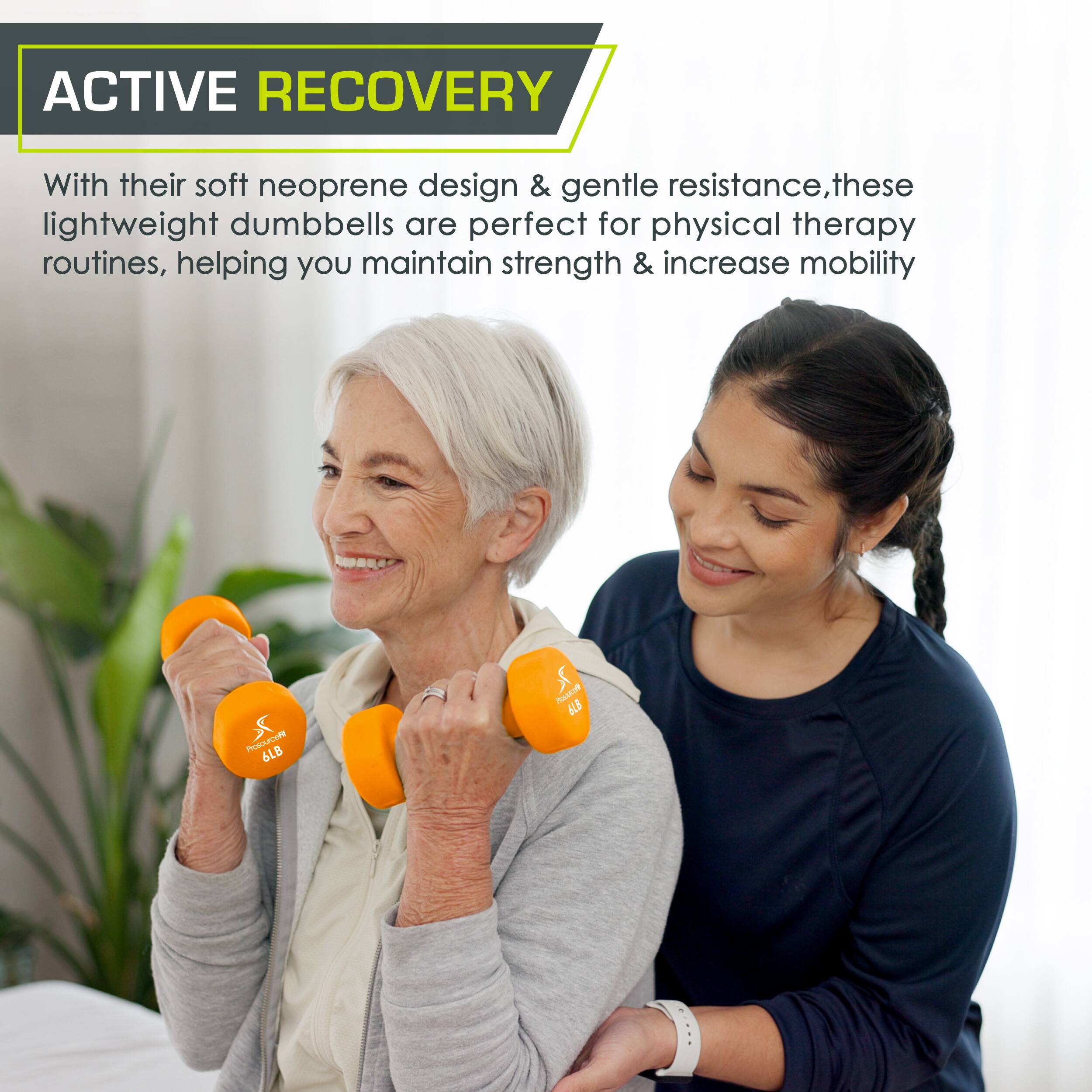 ACTIVE RECOVERY

With their soft neoprene design & gentle resistance, these lightweight dumbbells are perfect for physical therapy routines, helping you maintain strength & increase mobility. S PROBOURCORE 61LB.