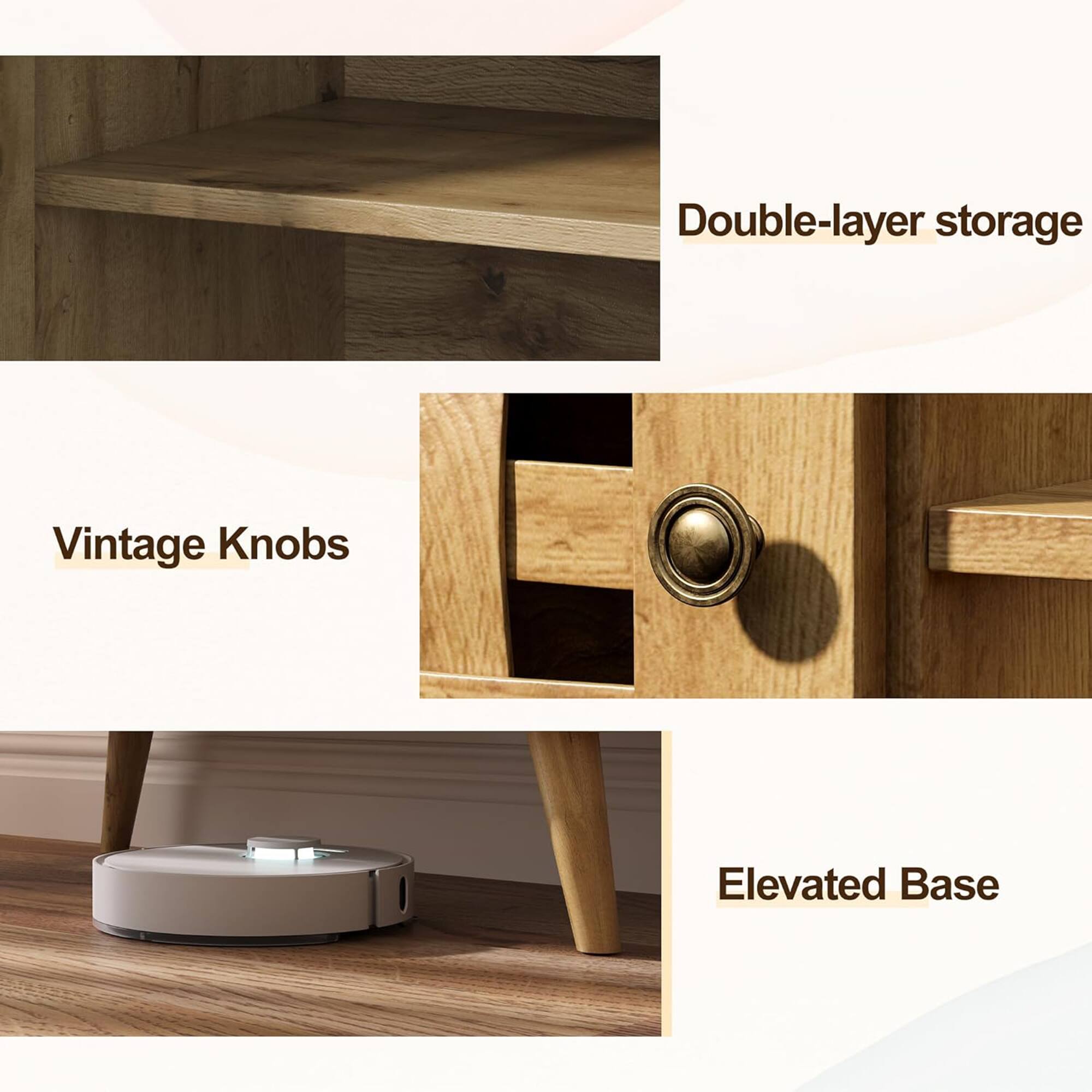 - Double-layer storage
- Vintage Knobs
- Elevated Base