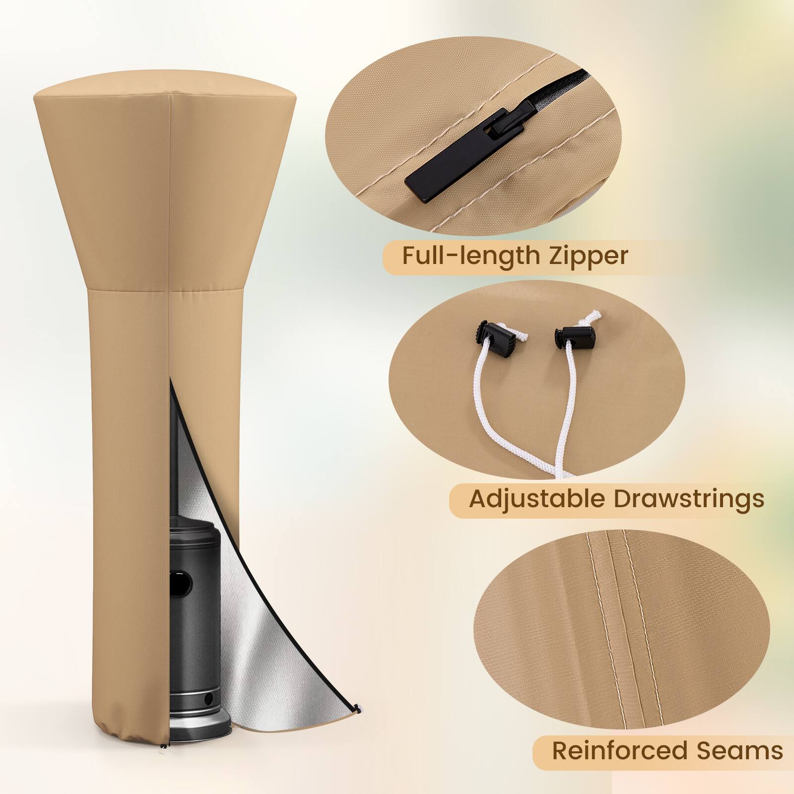 Full-length Zipper  
Adjustable Drawstrings  
Reinforced Seams