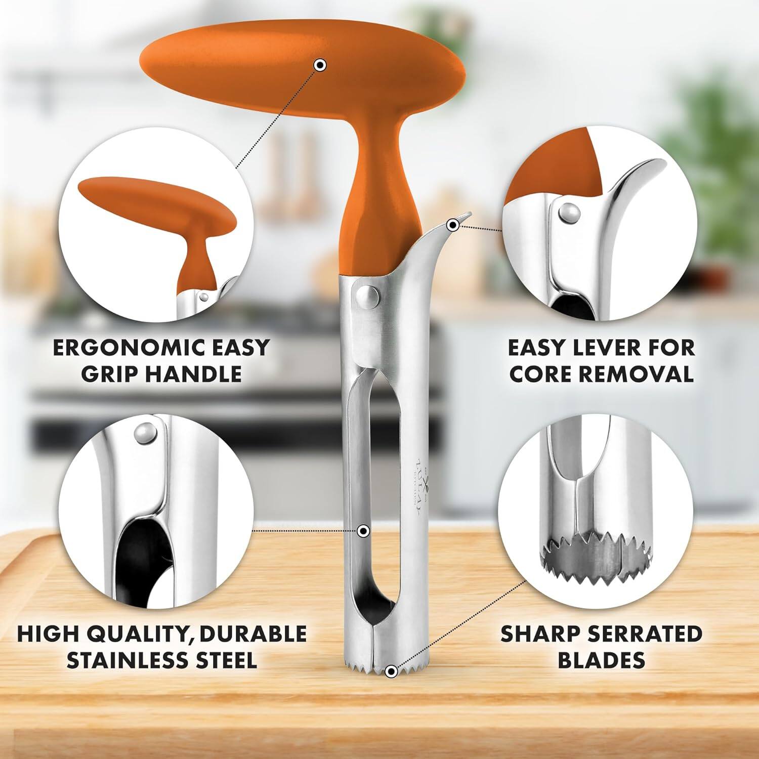 ERGONOMIC EASY GRIP HANDLE  
EASY LEVER FOR CORE REMOVAL  
HIGH QUALITY, DURABLE STAINLESS STEEL  
SHARP SERRATED BLADES