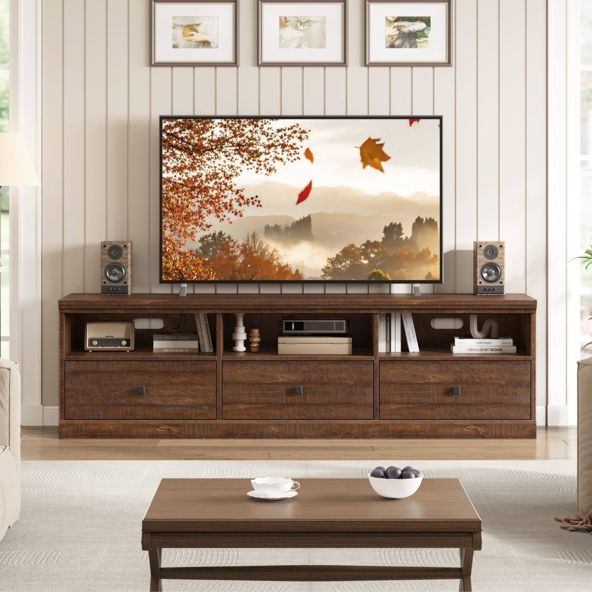 Angle. Acekool - TV Stand for 65/70/75 Inch TV, Entertainment Center with Storage Drawer, Mid-Century Modern TV Console - Red.