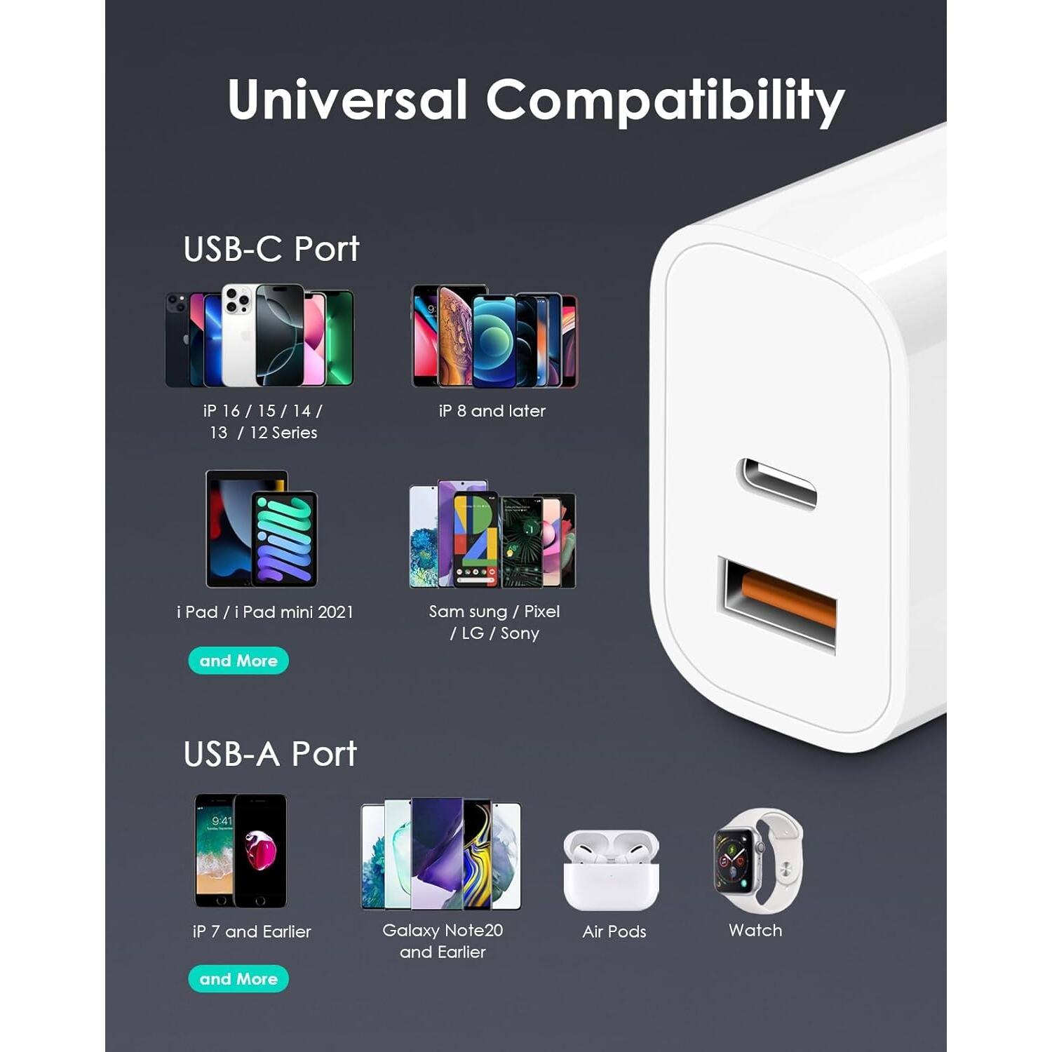 Universal Compatibility

USB-C Port
iP 16 / 15 / 14 / 13 / 12 Series
iP 8 and later
I Pad / I Pad mini 2021
and More
Sam sung / Pixel / LG / Sony

USB-A Port
iP 7 and Earlier
Galaxy Note20 and Earlier
Air Pods
Watch
and More