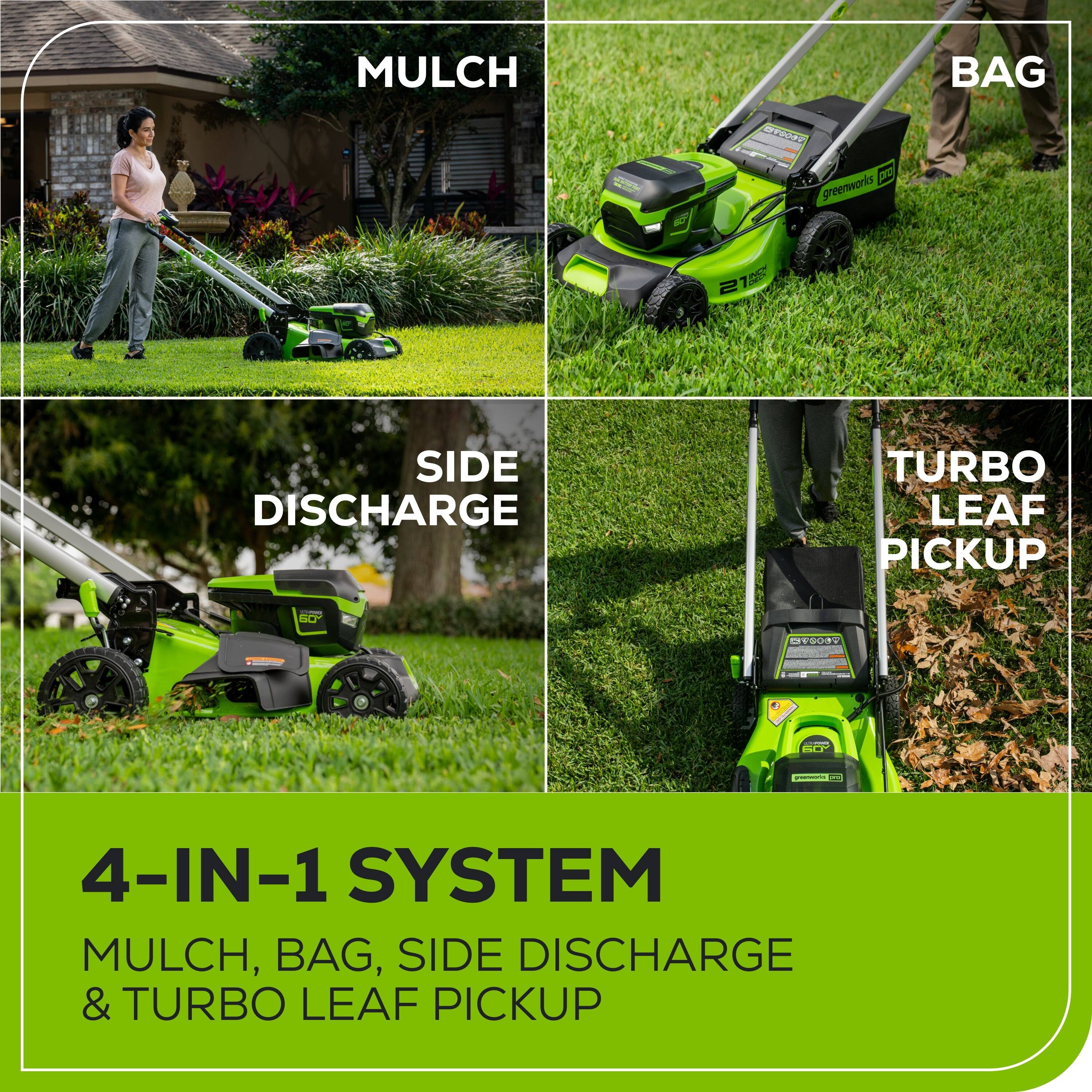 MULCH BAG - OT02 - I - O greenworks 21 SIDE DISCHARGE TURBO LEAF PICKUP - 00 SESUY | ... | .. 4-IN-1 SYSTEM MULCH, BAG, SIDE DISCHARGE & TURBO LEAF PICKUP