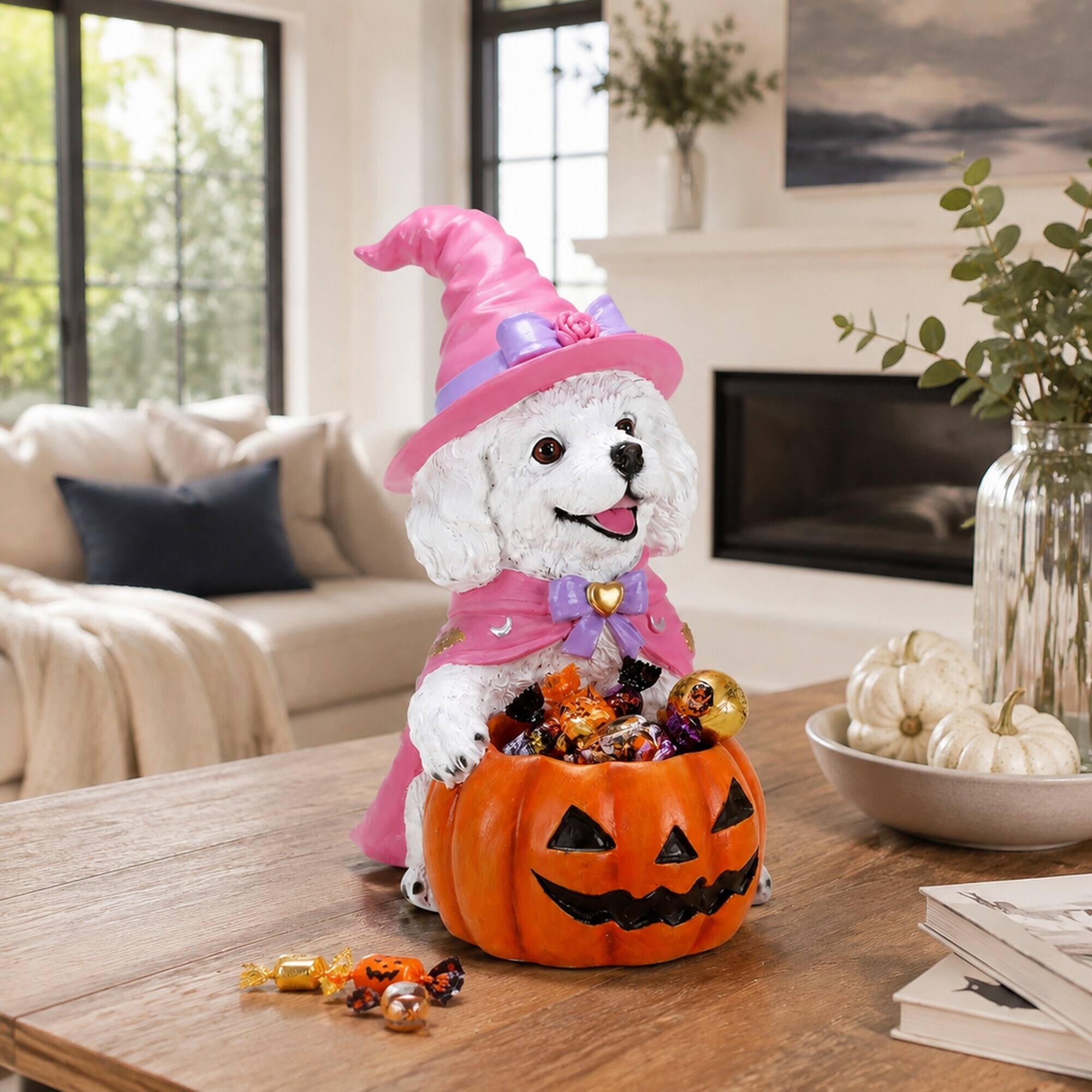 Back. RYHNUYNE - Halloween White Puppy Figurine with Witch Hat and Pumpkin Candy Bowl for Tabletop Fall Decor - White.