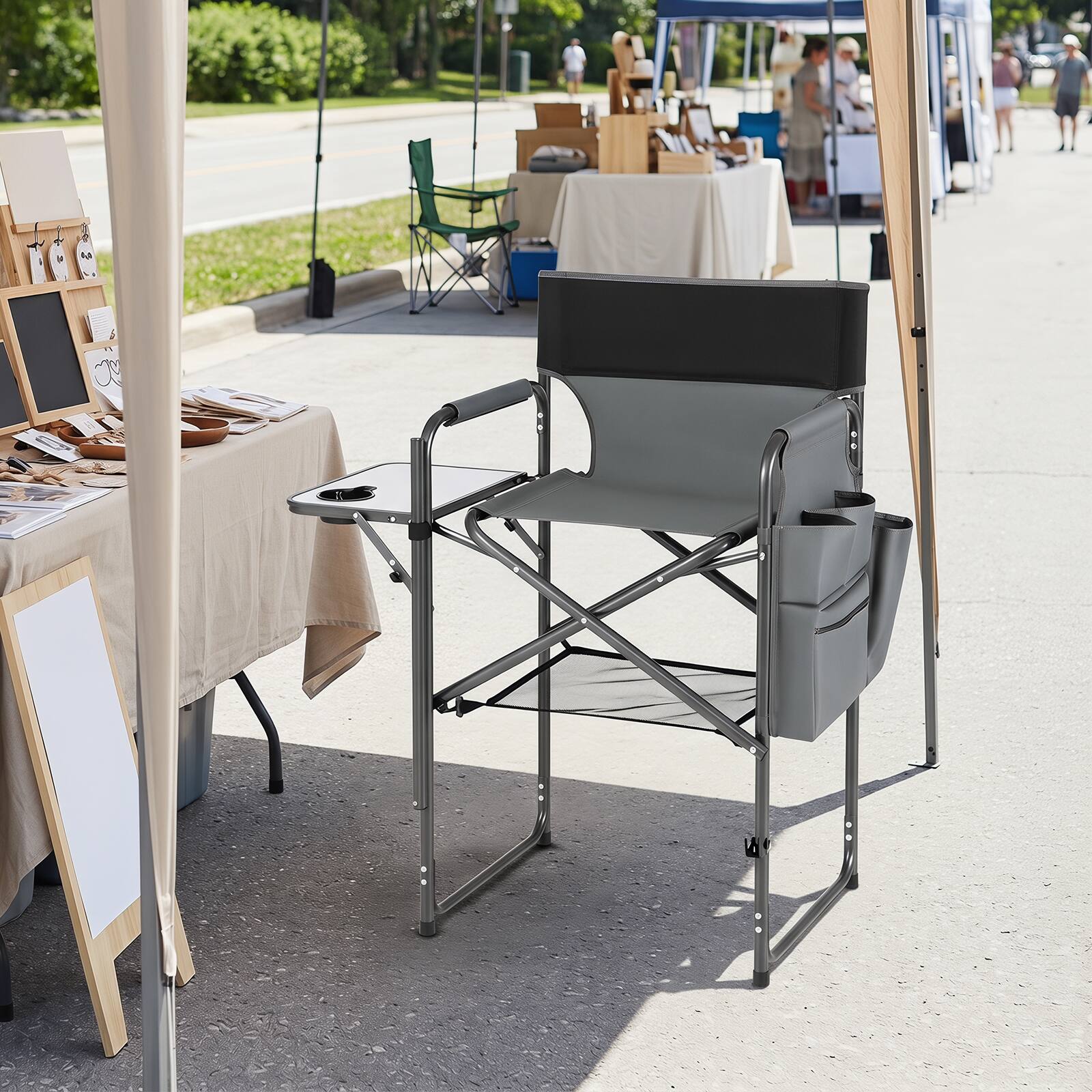 Alt View 3. Gymax - Gymax 26'' Folding Tall Director Chair w/ Side Table Cup Holders Storage Pockets - Gray.