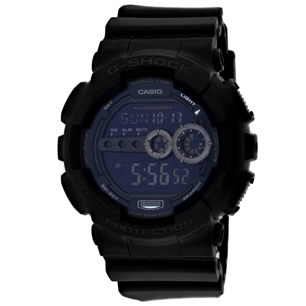 G-SHOCK WORLD TIME CASIO SET LIGHT ILLUMINATOR 17 SIG ALM MUTE 1 F F F - a - RESET START-STOP 1 a SPLIT P 5:5652 SELECT SHUCE SEARCH FORWARD RESIST WATER 20BAR RESIST PROTECTION