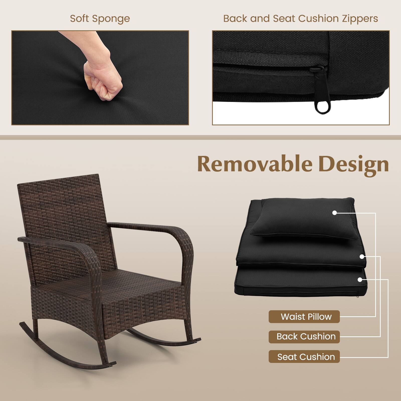 Soft Sponge Back and Seat Cushion Zippers Removable Design Waist Pillow Back Cushion Seat Cushion