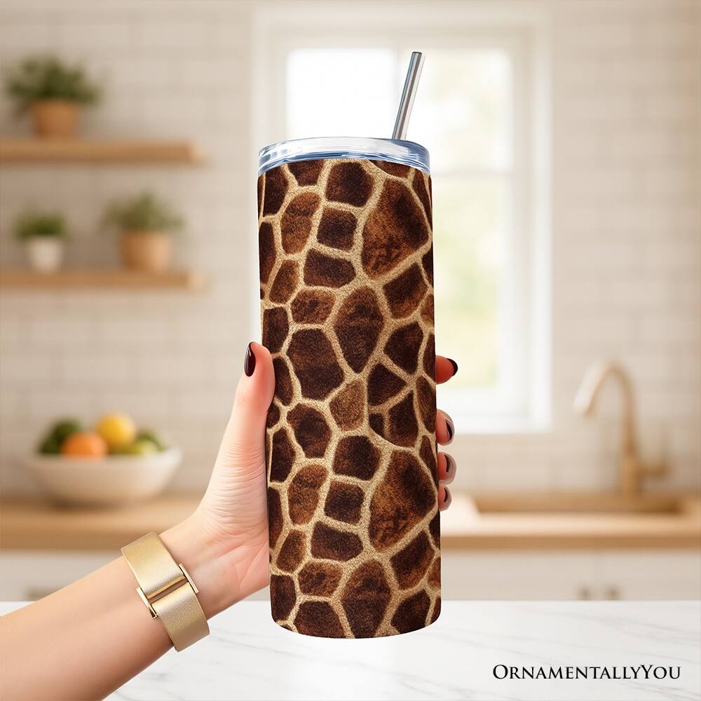 Back. OrnamentallyYou - Safari Giraffe Print 20oz Tumbler With Lid and Stainless Steel Straw, Stylish Wildlife Gift Cup - Multicolored.
