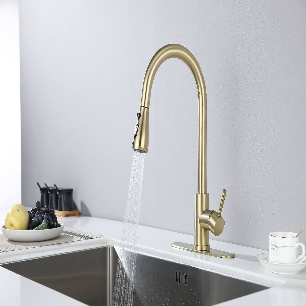 Back. Ropilly - Ropilly Pull Out Kitchen Faucet Brushed Gold Single Handle High Arc Sink Faucet - Brushed Gold.