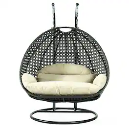 LeisureMod - Outdoor 2-Person Charcoal Wicker Egg Swing Chair with Steel Stand, Washable Cushions & Waterproof Cover - Taupe