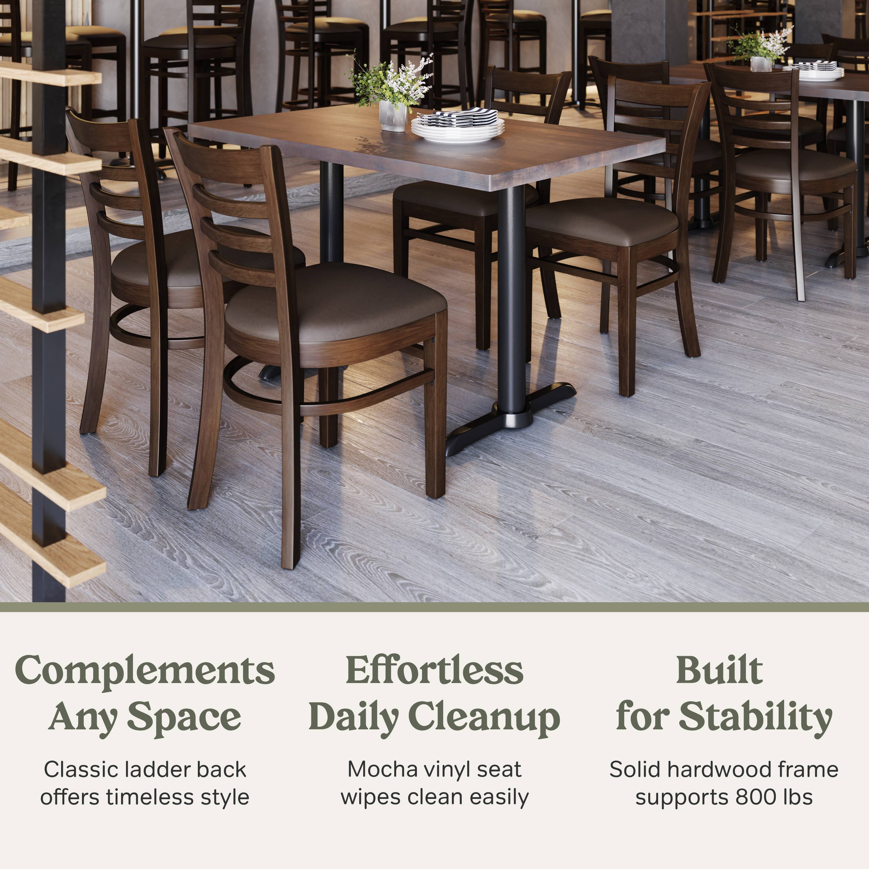 Complements Any Space  
Effortless Daily Cleanup  
Built for Stability  

Classic ladder back offers timeless style  
Mocha vinyl seat wipes clean easily  
Solid hardwood frame supports 800 lbs