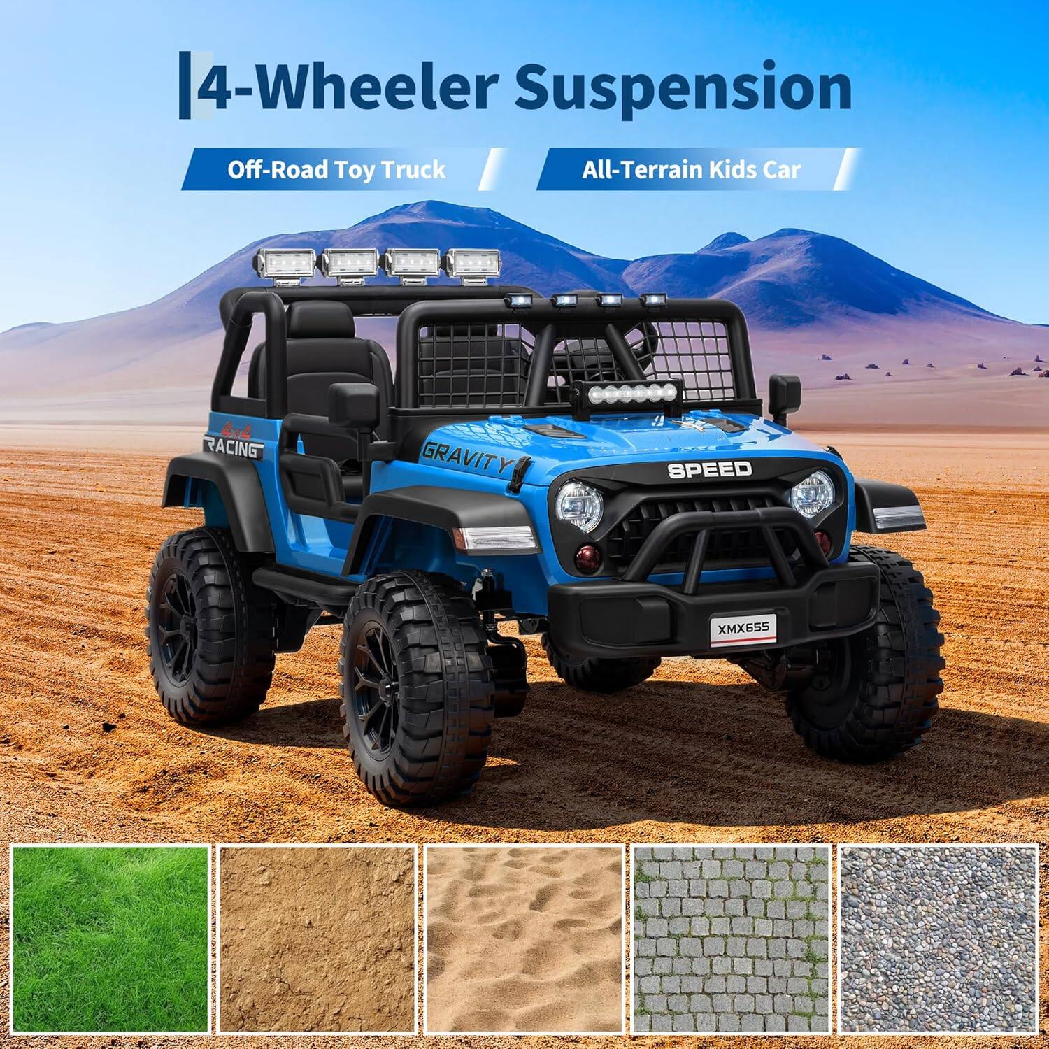 4-Wheeler Suspension  
Off-Road Toy Truck  
All-Terrain Kids Car  

RACING  
GRAVITY  
SPEED  
XMX655