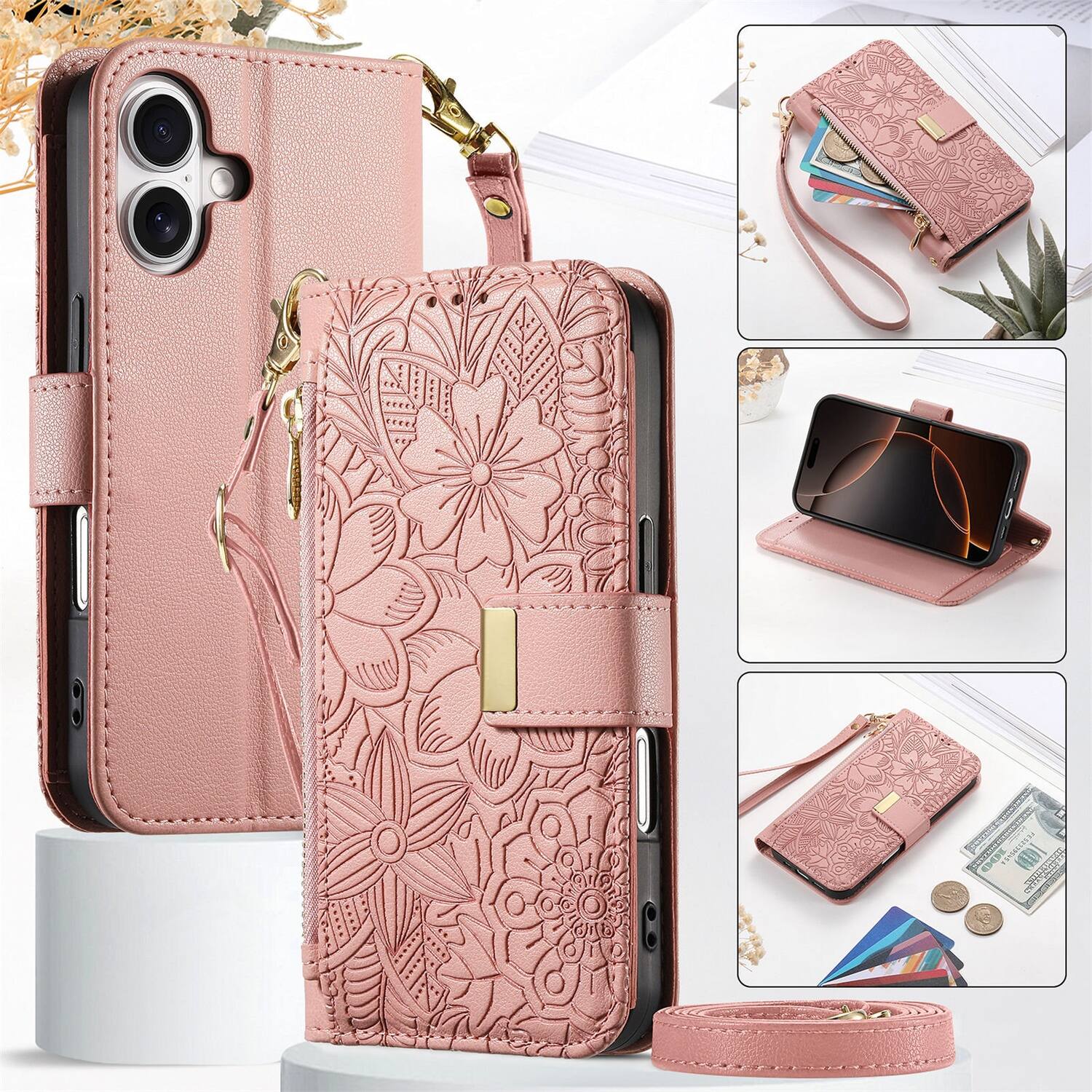Angle. Dteck - Floral Embossed Leather Zipper Cash Slot Wallet Case for Apple iPhone 16 with Detachable Strap - Rosegold.