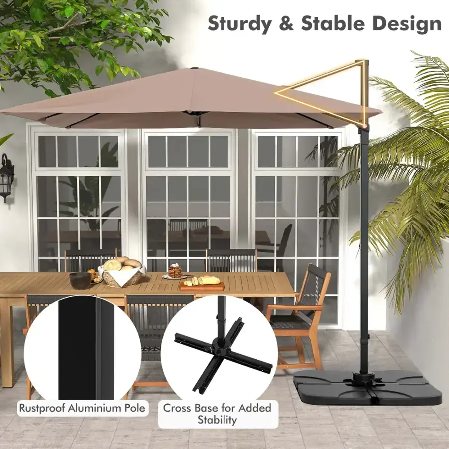 The image features a patio set with a dining table and chairs. The table is surrounded by chairs, and there is an umbrella above it. The umbrella is described as having a sturdy and stable design, with a rustproof aluminum pole and a cross base for added stability. The umbrella is also shown in two different positions, one with the pole extended and one with the pole folded. The scene is set in a backyard, with a potted plant nearby, and the dining table is accompanied by a bench.