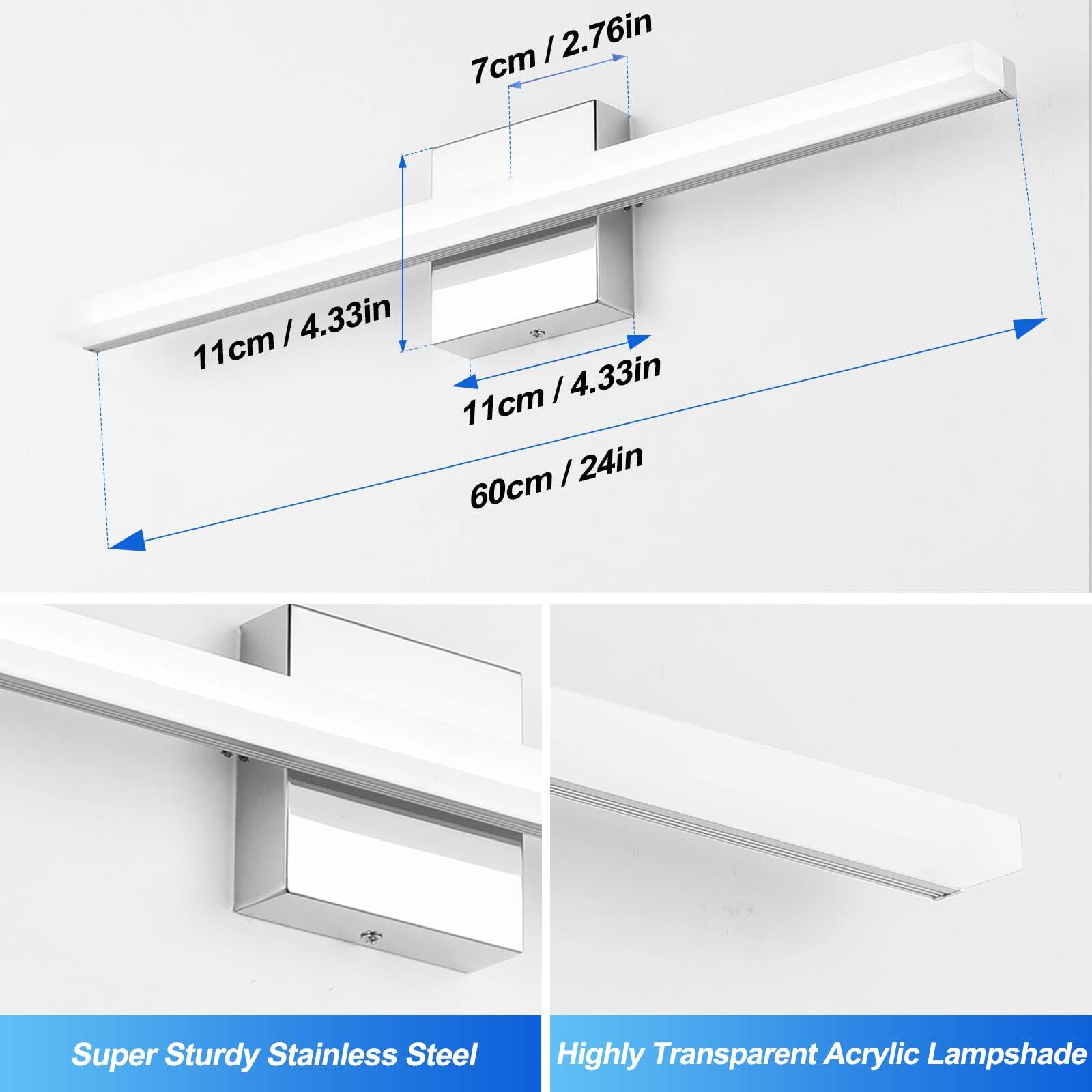 Sure, here is the corrected and grouped text:

---

**Dimensions:**
- 7cm / 2.76in
- 11cm / 4.33in
- 60cm / 24in

**Features:**
- Super Sturdy Stainless Steel
- Highly Transparent Acrylic Lampshade

---