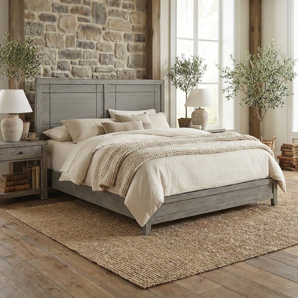 Angle. FurniFact - Wood King Headboard with Solid Build and Classic Design for Bedroom - Gray.