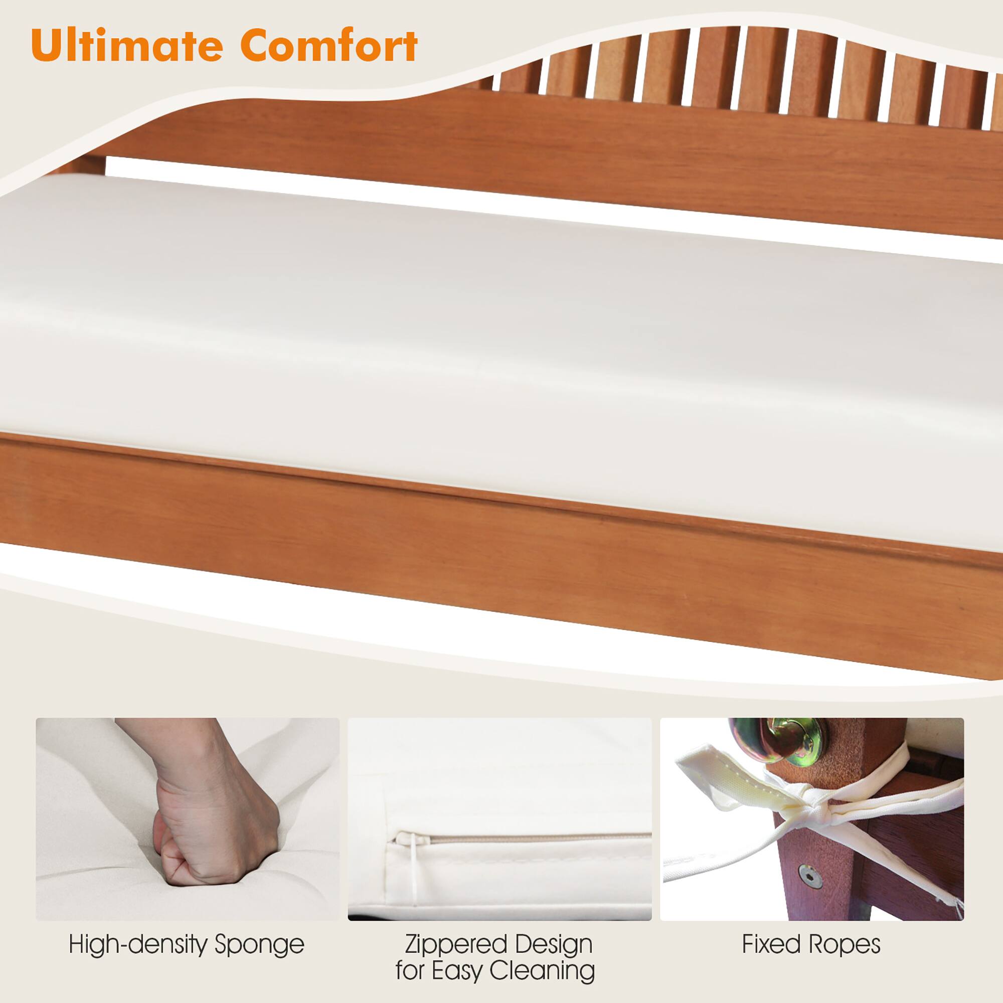 Alt View 5. Gymax - Gymax 2-Seat Patio Hanging Wooden Porch Swing Bench w/ Cushion & Hanging Ropes - Natural.