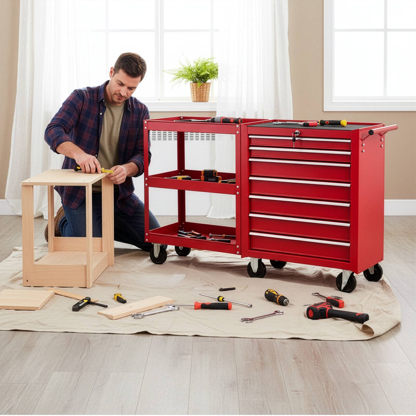 Alt View 4. Winado - 7-Drawer Tool Chest with Side Shelves, Lock & Key, 6 Wheels Tool Box Tool Storage Cart Organizer for Workshop and Garage - Red.