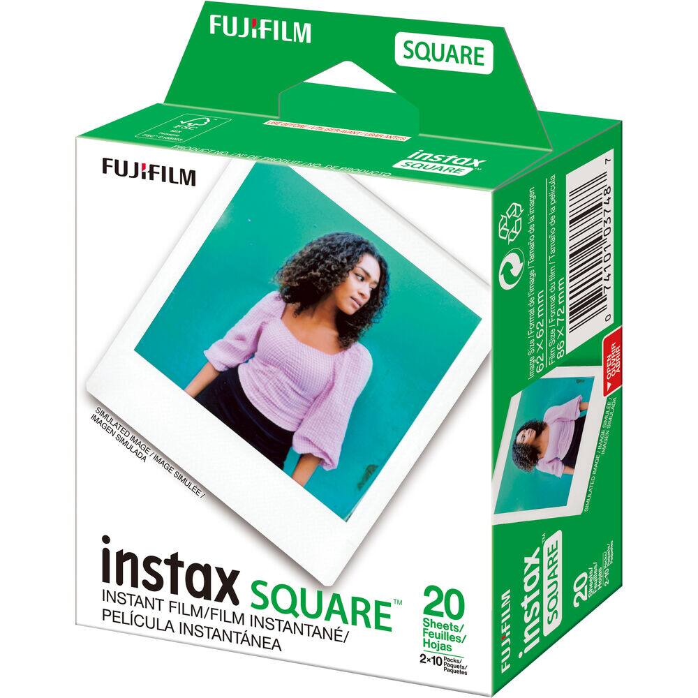FUJIFILM SQUARE  
instax SQUARE  
FUJIFILM  
instax SQUARE  
INSTANT FILM/FILM INSTANTANÉA  
PELÍCULA INSTANTÁNEA  
20 Sheets/Feuilles/Hojas  
2x10 Packets/Paquetes  
Format: 62mm x 72mm  
Size: 72mm x 72mm  
Simulated Image/Simulada Image/Simulée Image  
instax SQUARE  
FUJIFILM  
20