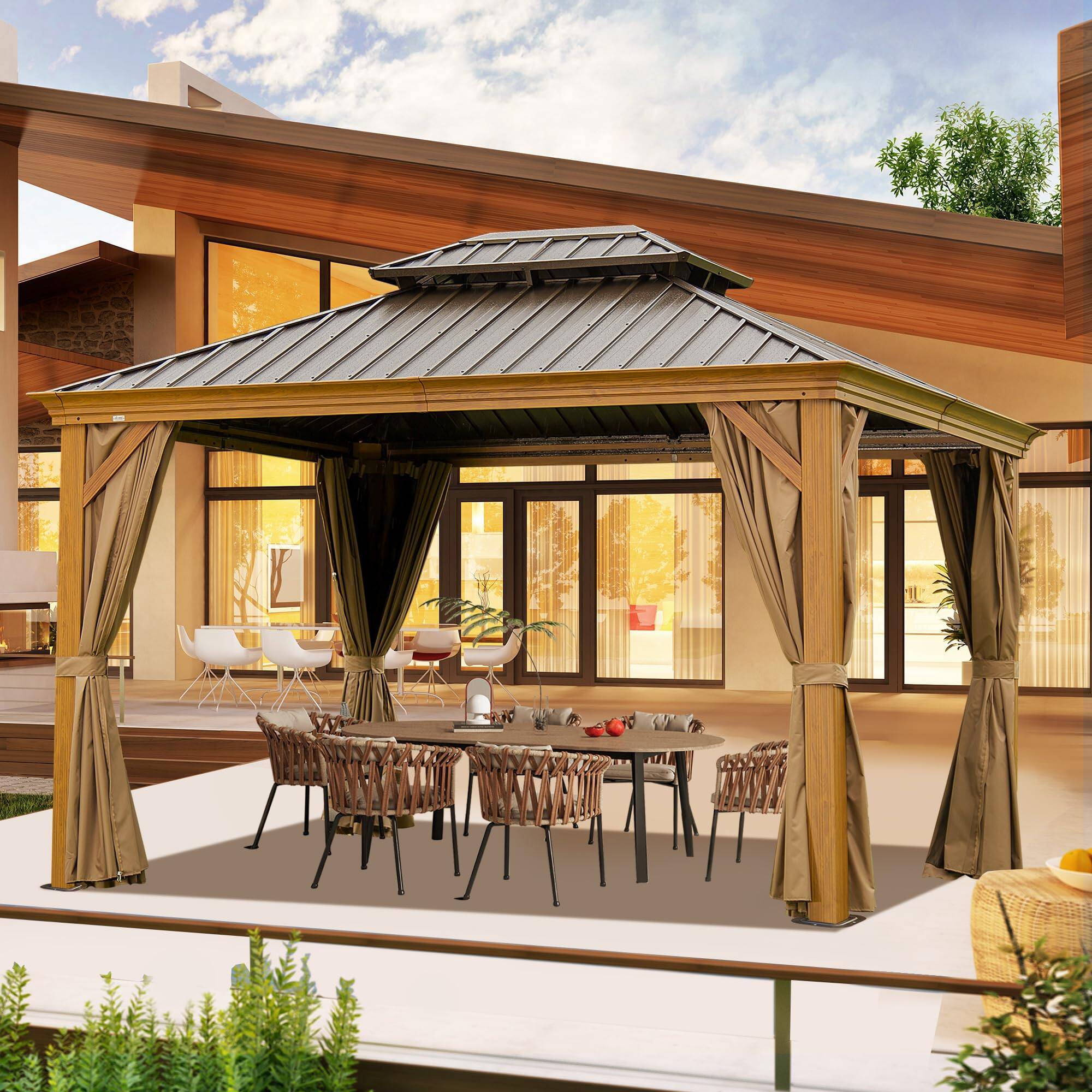 Left. Mondawe - 10' X 14' Hardtop Gazebo with Wood Grain Aluminum Frame - Wood.