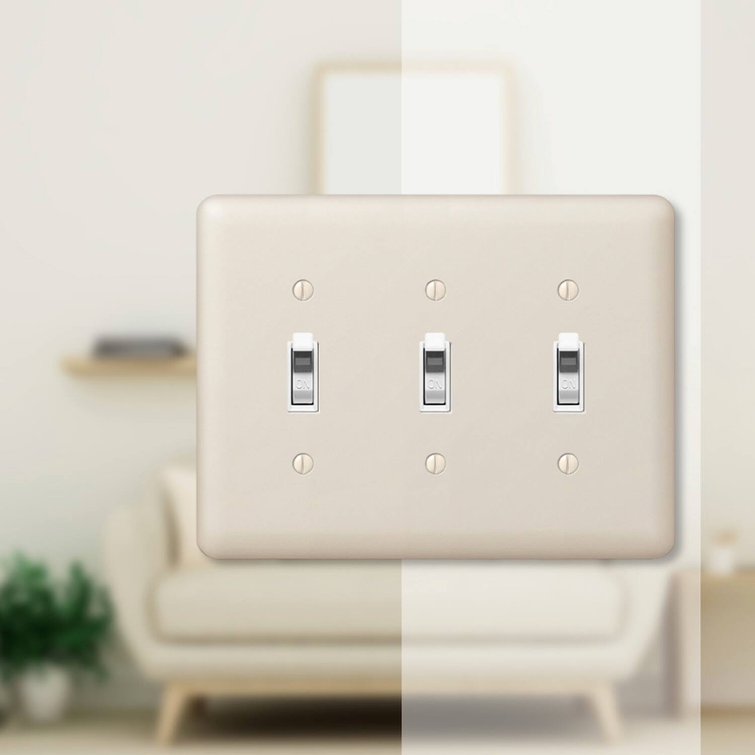 Left. AMERELLE - Amerelle Devon Light Almond 3 gang Stamped Steel Toggle Wall Plate 1 pk - Almond.