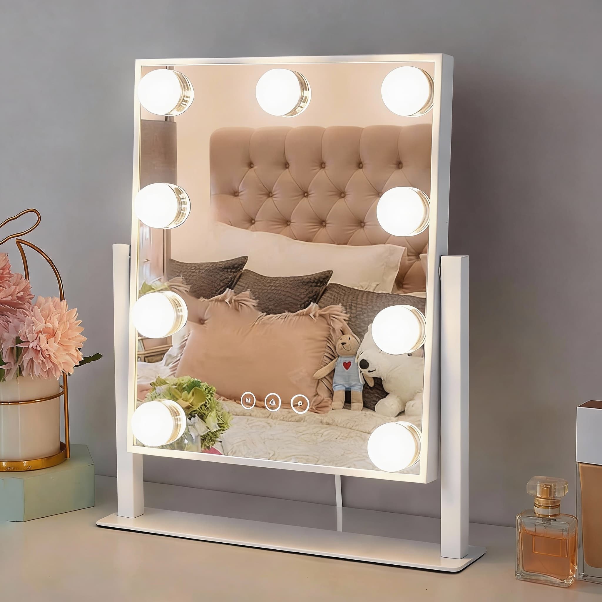 PO3TICJUNKI3 - 12-Bulb Vanity Mirror with 3-Color Dimmable Lights, 5X Magnification, 360° Swivel - 18.1"L x 22.8"W
