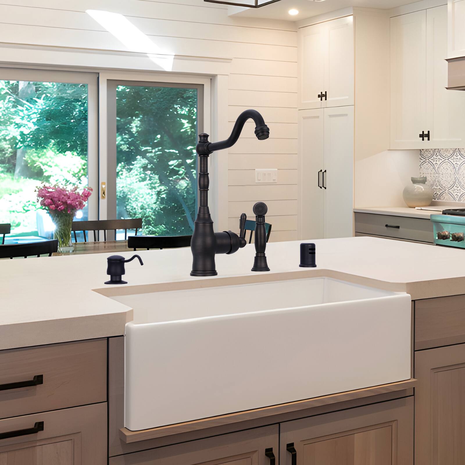 Alt View 4. Akicon - Akicon Solid Brass One-Handle 360° Swivel Widespread Kitchen Faucet with Side Spray in Oil Rubbed Bronze - Oil Rubbed Bronze.