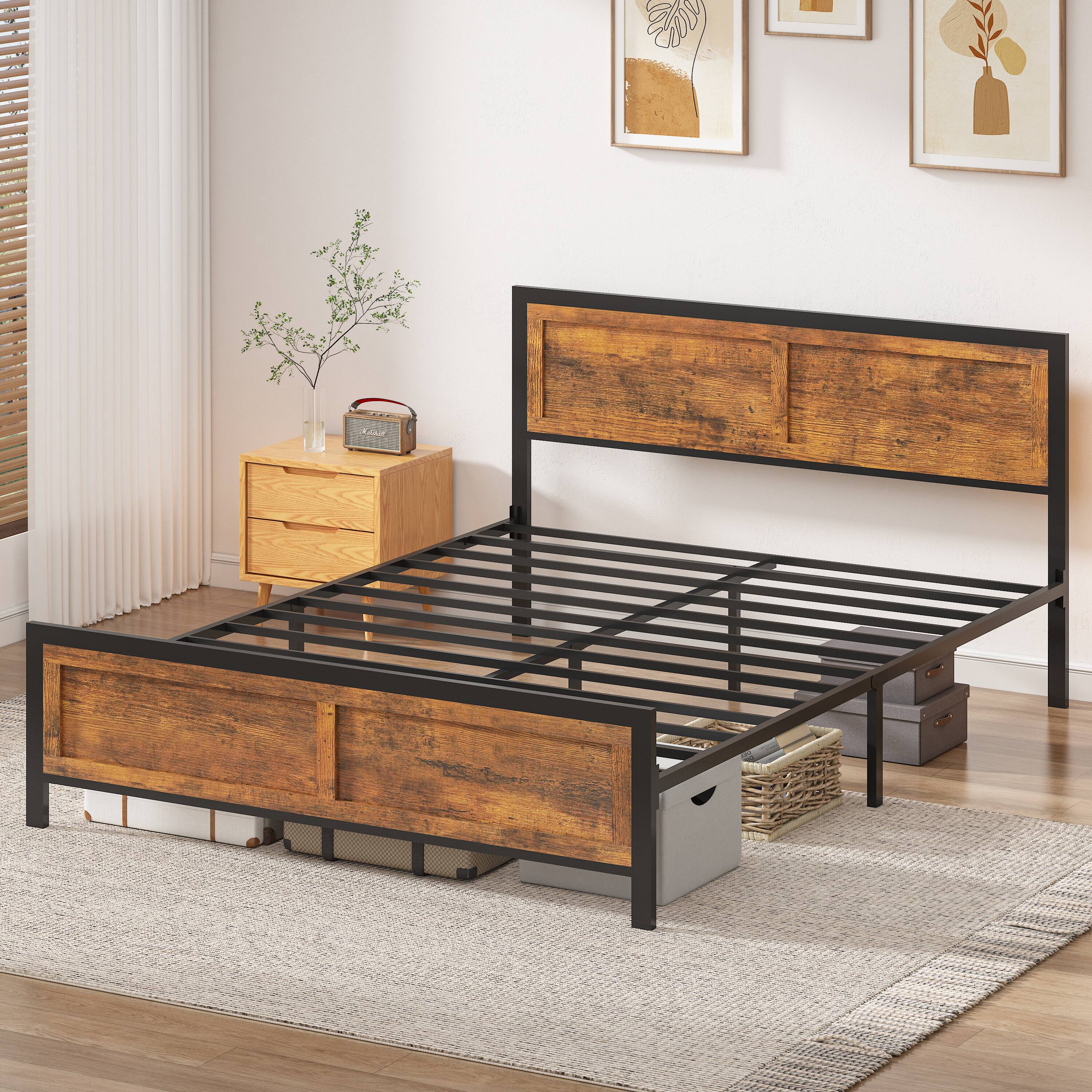 Alt View 4. Dyonery - Full Size Bed Frame, Metal Platform Bed Frame with Wooden Headboard with Rivet, Large Under-Bed Storage. - Brown.