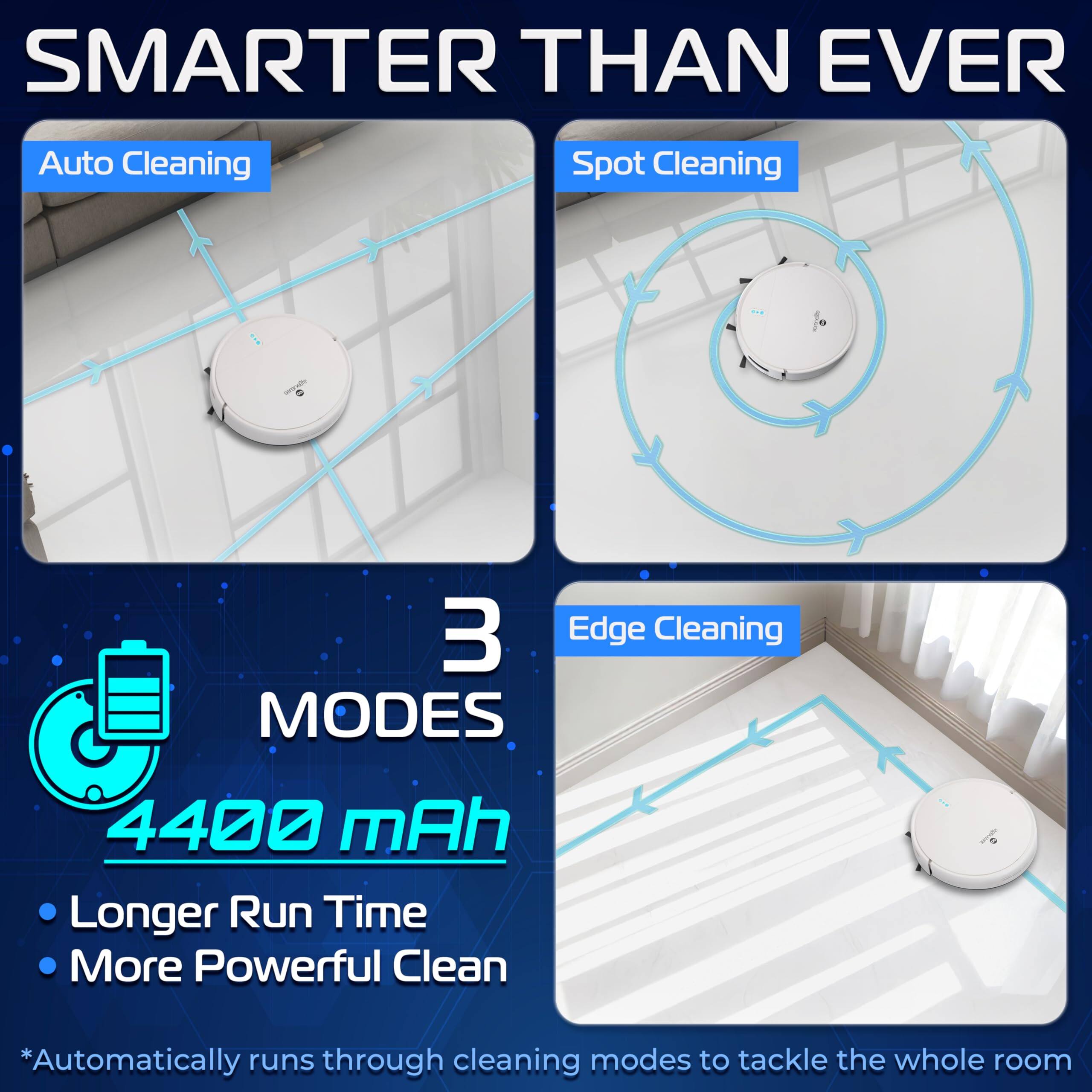 **SMARTER THAN EVER**

- Auto Cleaning
- Spot Cleaning
- Edge Cleaning

**3 MODES**

- Longer Run Time
- More Powerful Clean

**4400 mAh**

*Automatically runs through cleaning modes to tackle the whole room