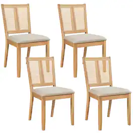 Gymax - Rattan Dining Chairs Set of 4 w/Curved Backrest & Padded Seat Rubber Wood Frame Natural & Beige - Yellow