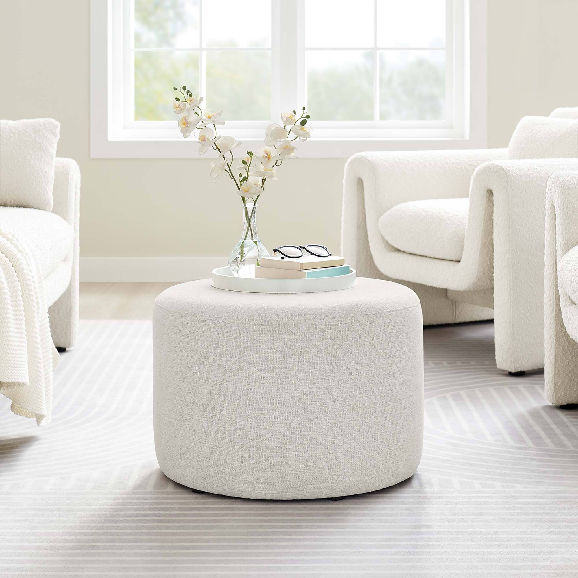 Alt View 2. Modway - Callum Large 23" Round Woven Heathered Fabric Upholstered Ottoman by Modway - Heathered Weave Ivory.
