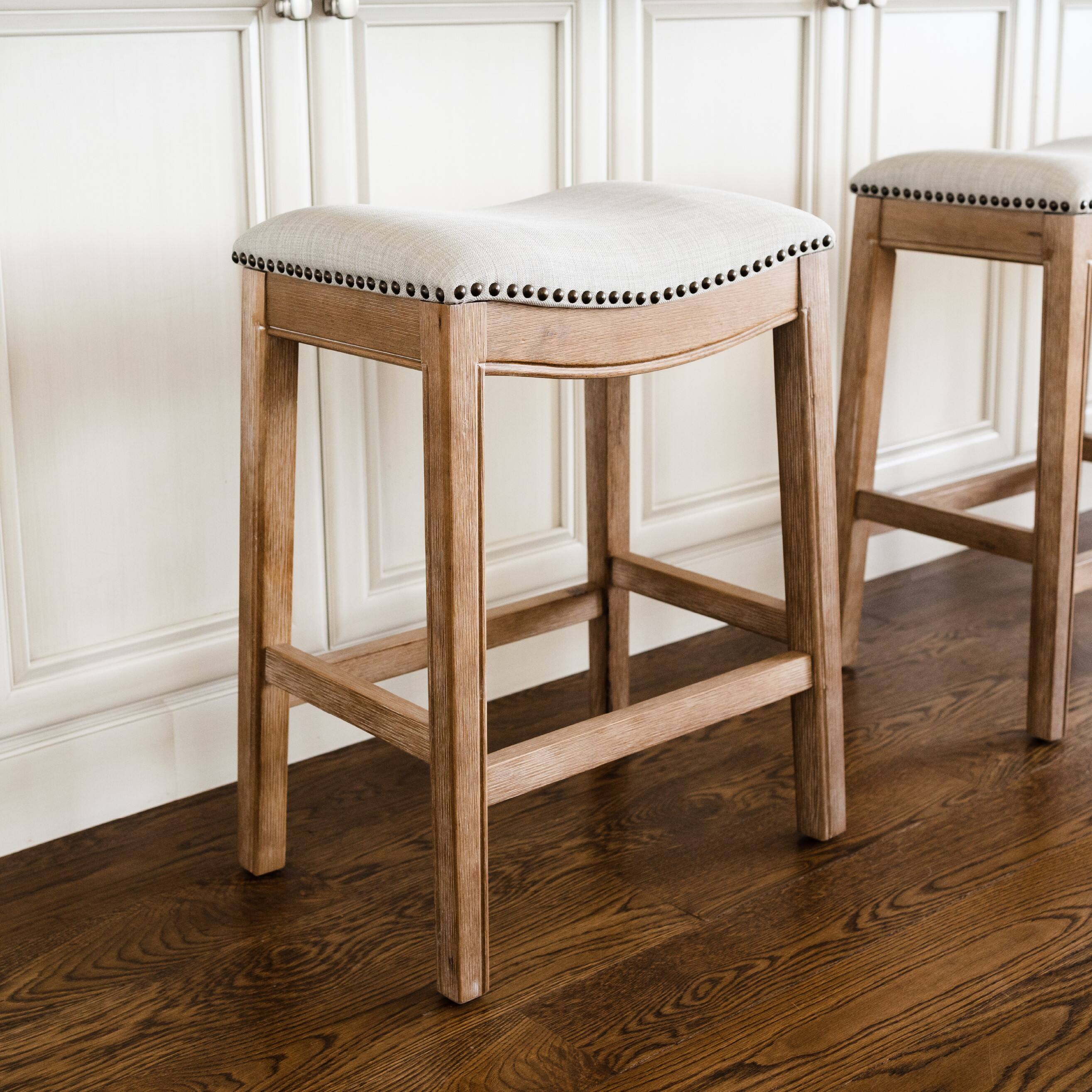 Angle. Maven Lane - 26" Adrien Saddle Counter Stool In Weathered Oak Finish With Fabric Upholstery - Weathered Oak.
