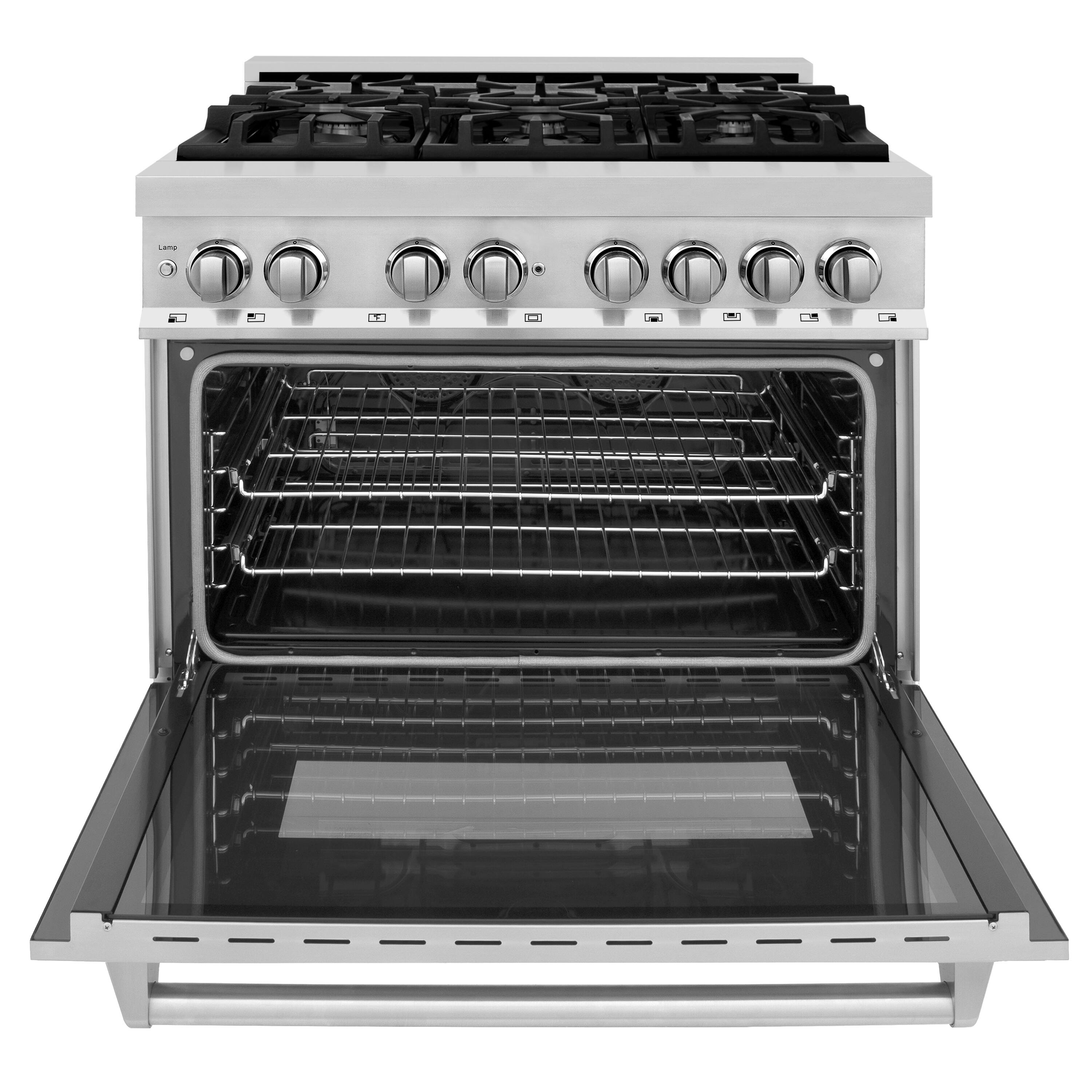 Angle. ZLINE - 36" Legacy Dual Fuel Range w/ 6 Burner Gas Cooktop and Electric Convection Oven (RA36) - Stainless steel.