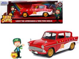 1959 Ford Anglia with Lucky the Leprechaun Diecast Figurine "Lucky Charms" 1/24 Diecast Model Car by Jada - Red And White