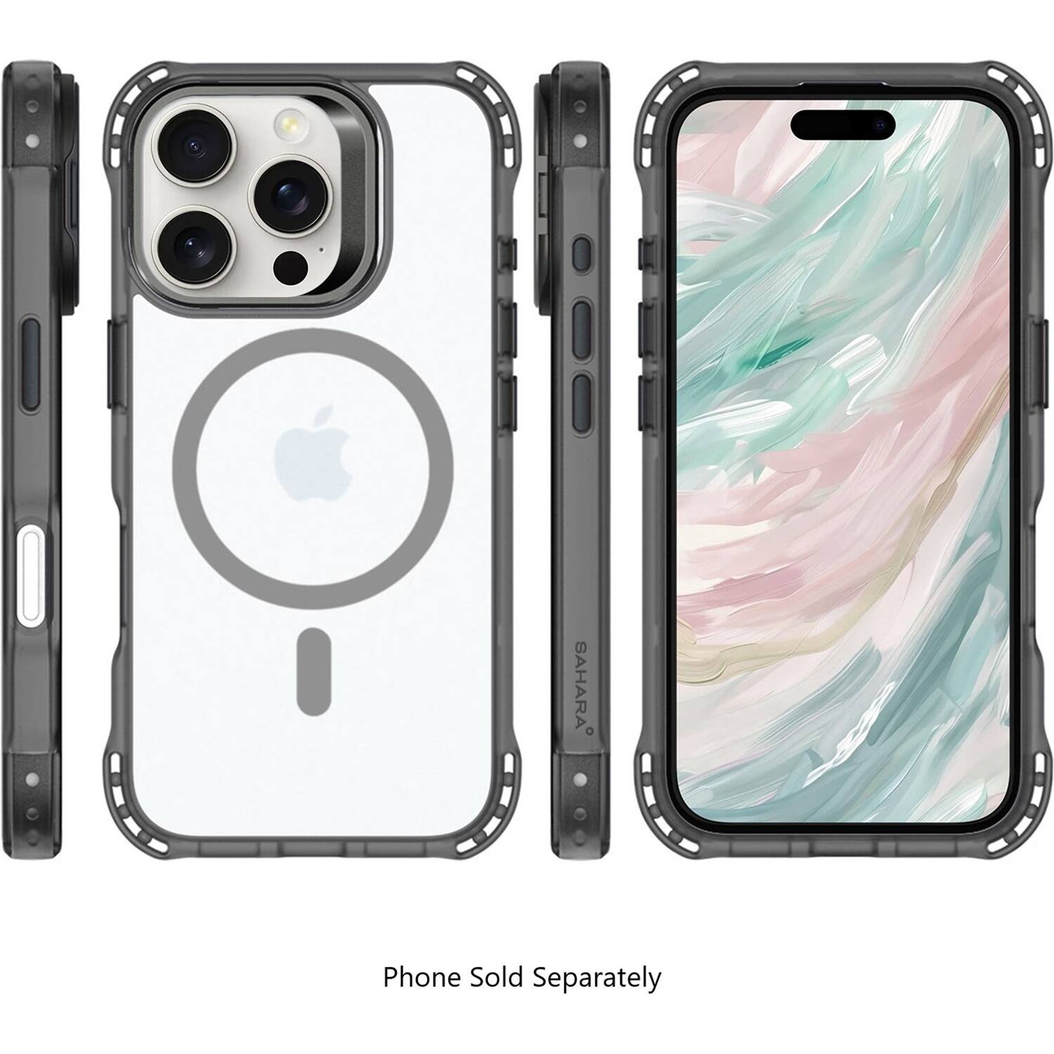 The image features a white iPhone case with a camera lens on the back, and a painting of a sunset on the front. The case is designed to protect the phone and is available for purchase separately.