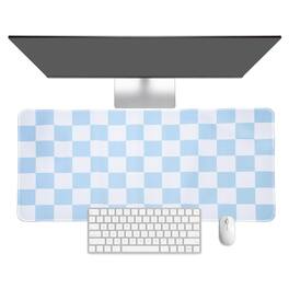 Unique Bargains - Checkered Desk Mat, 31.5x15.7 Inch Mouse Pad, Non-Slip Rubber, Stitched Edges, Soft, for Computer/Laptop - Blue/White
