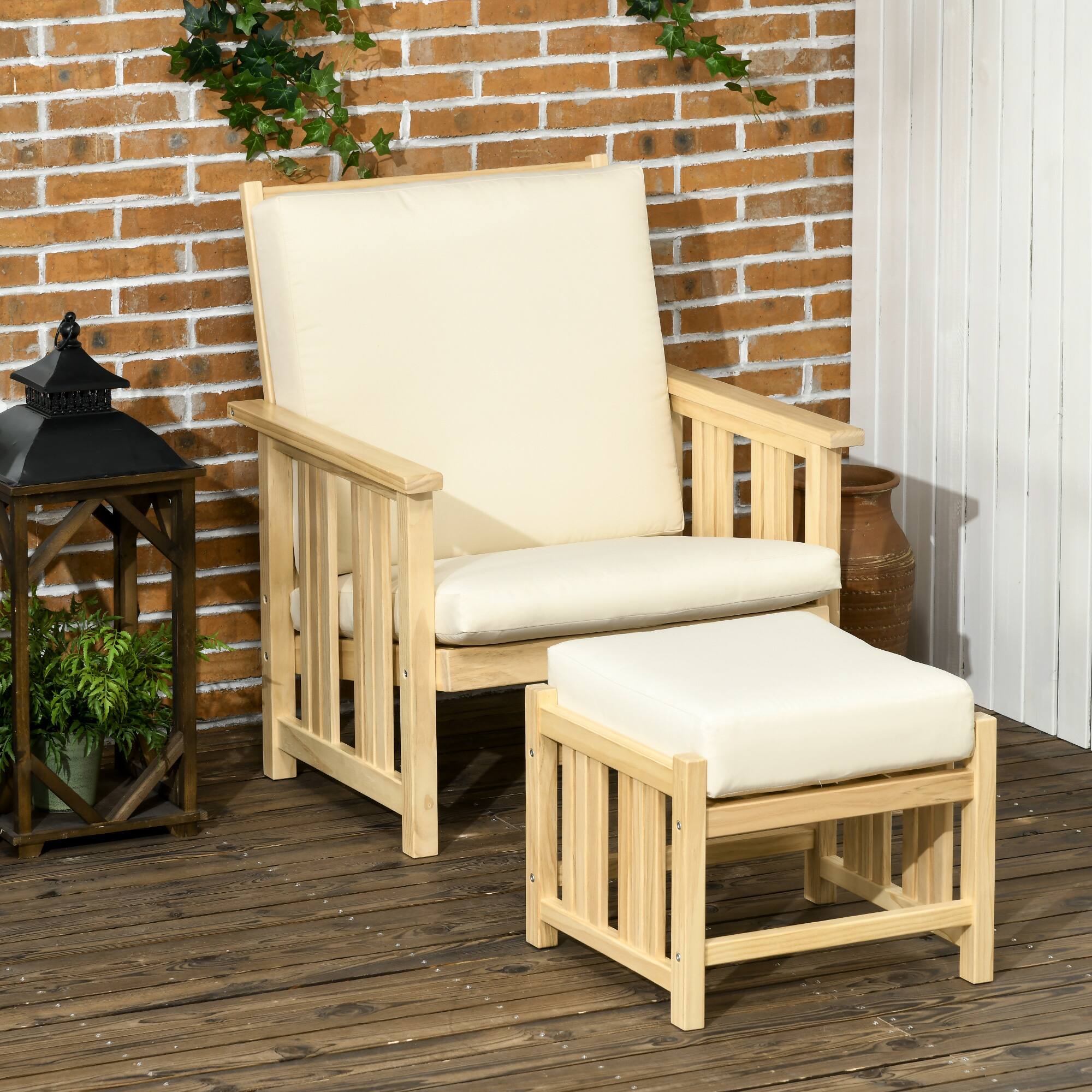 Alt View 1. Outsunny - Patio Furniture Set, Wood Outdoor Patio Chair with Ottoman, 2 Piece Cushioned Outdoor Lounge Chair - Natural Wood.