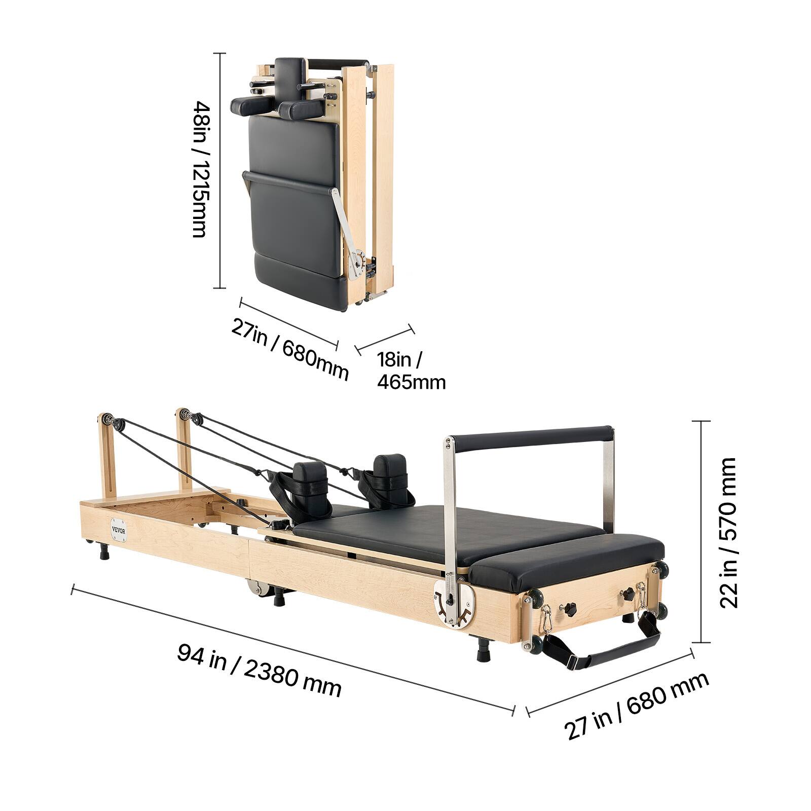 The dimensions of the equipment are as follows:

- Height: 48 in / 1219 mm
- Width: 680 mm
- Depth: 27 in / 680 mm
- Length: 94 in / 2380 mm
- Width: 22 in / 570 mm
- Depth: 22 mm
- Width: 680 mm
- Depth: 27 in
